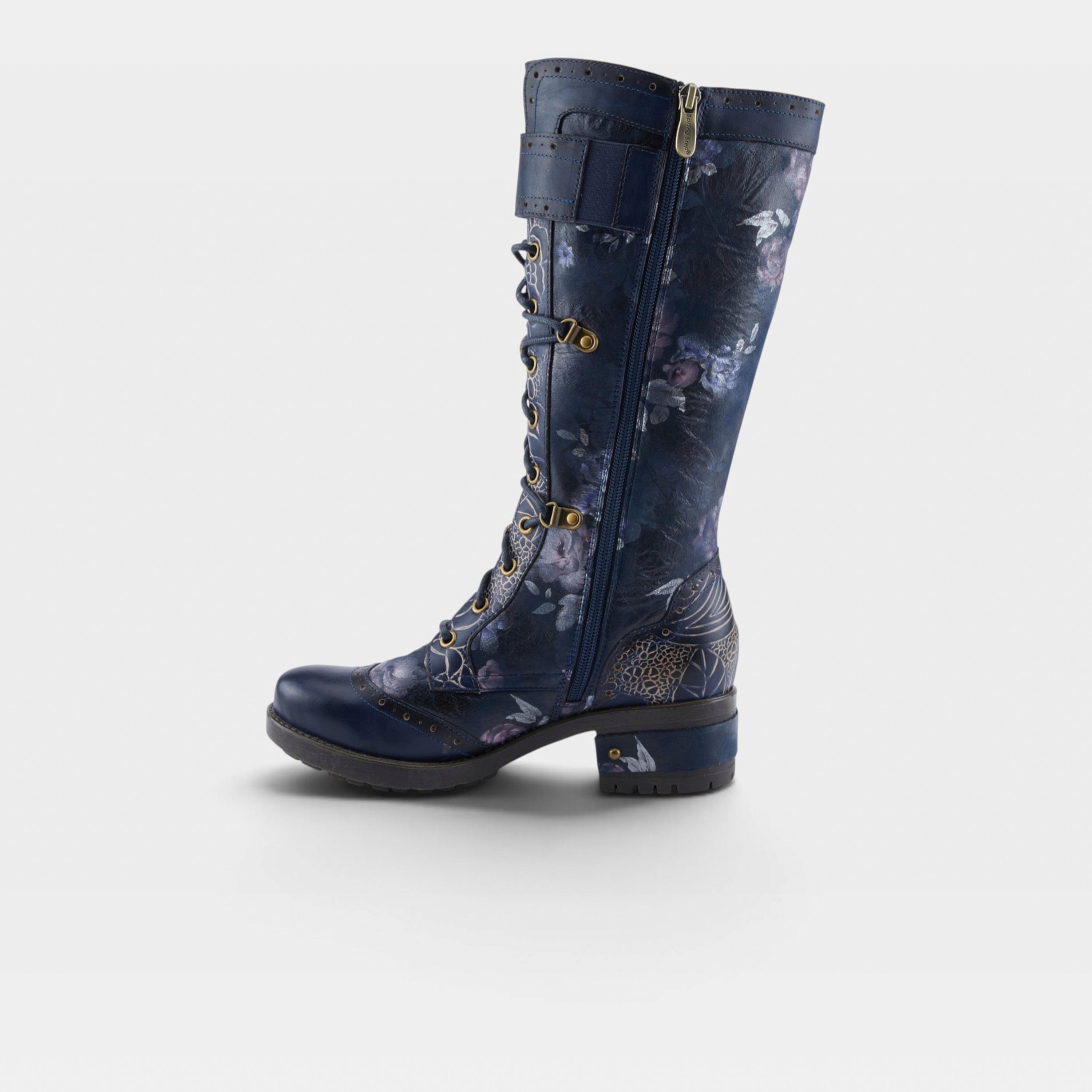 L'Artiste Kisha-Boss boots in Navy Multi, side view