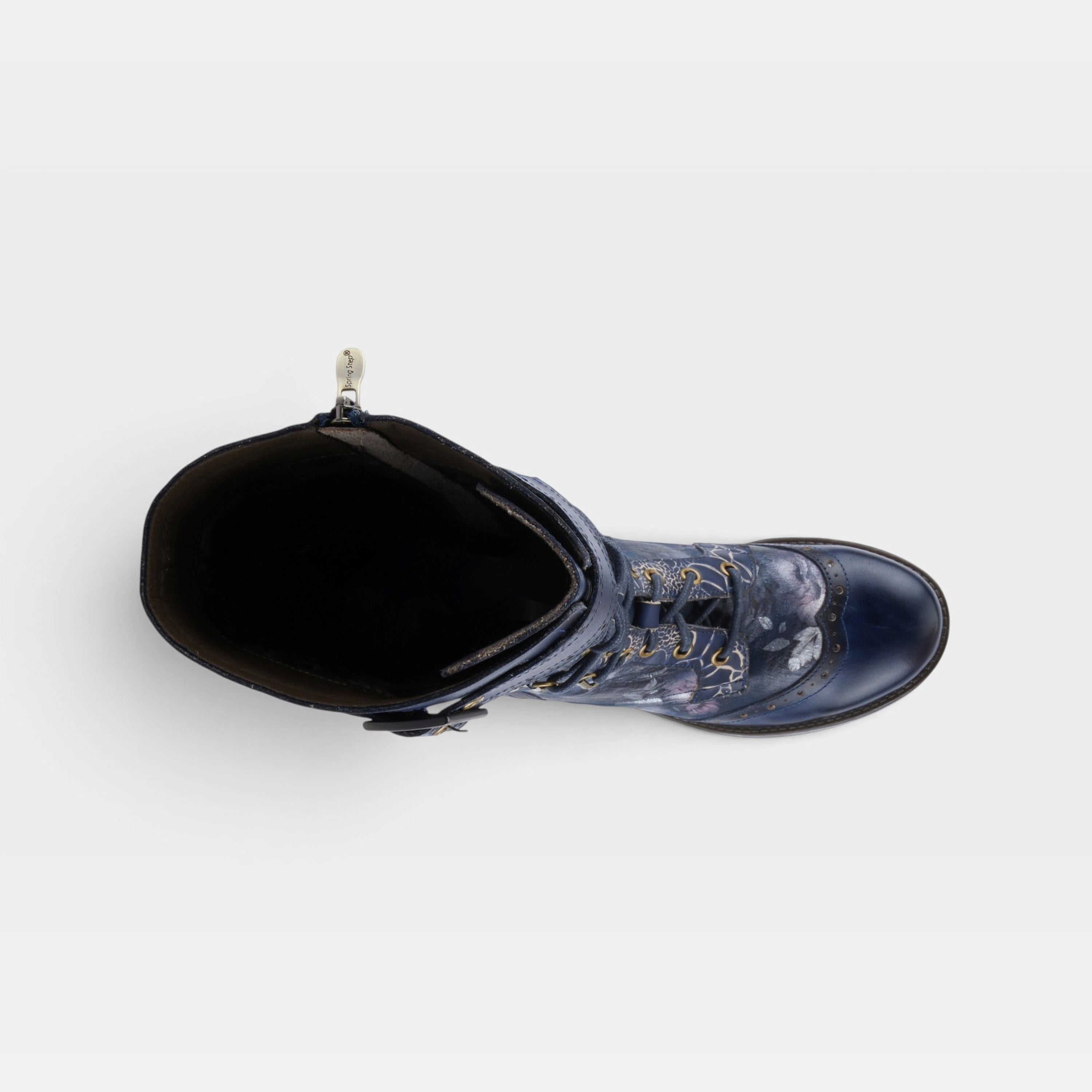 L'Artiste Kisha-Boss boots in Navy Multi, top view