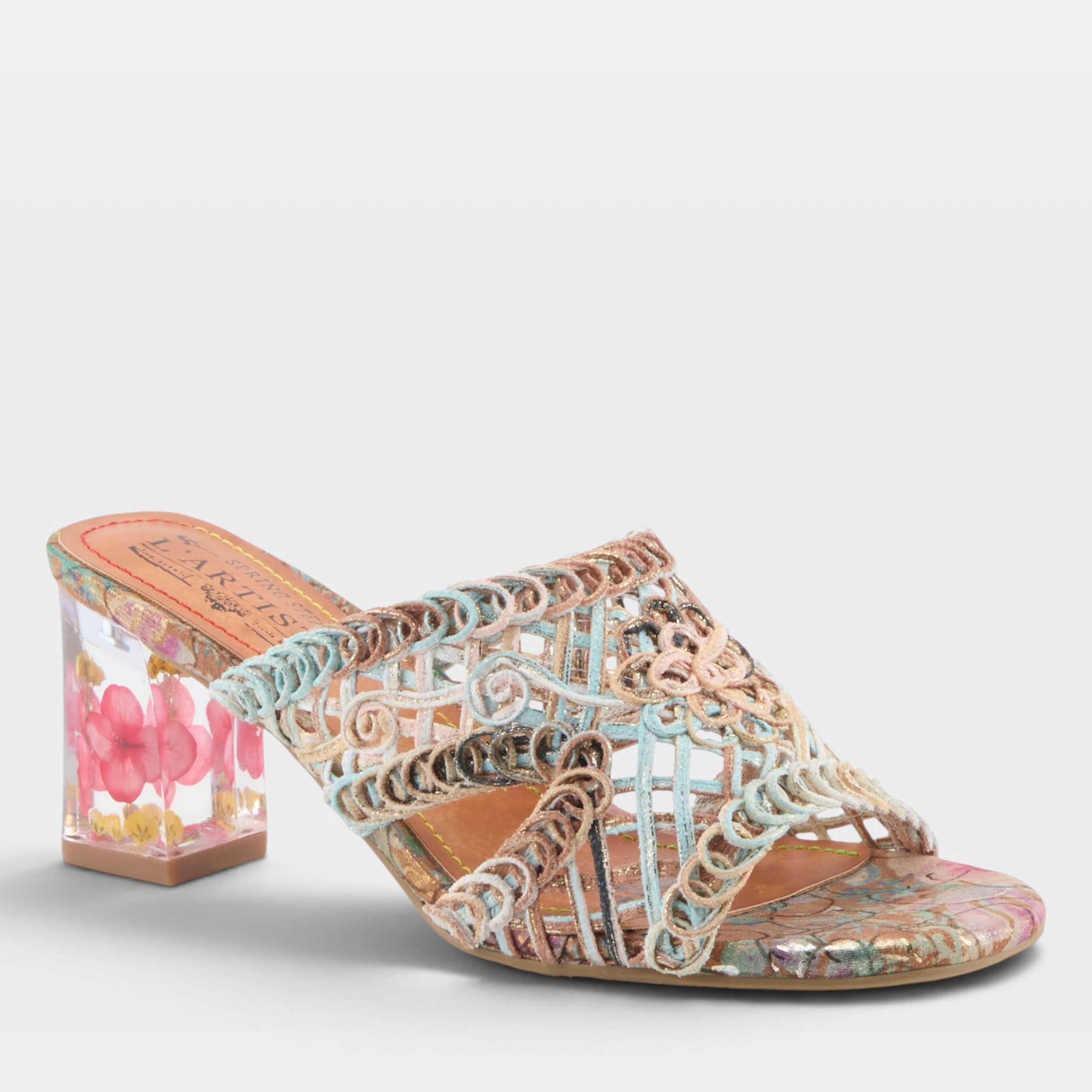 L'Artiste Lacyloops Floral Block Heel Sandals - Spring Step Shoes