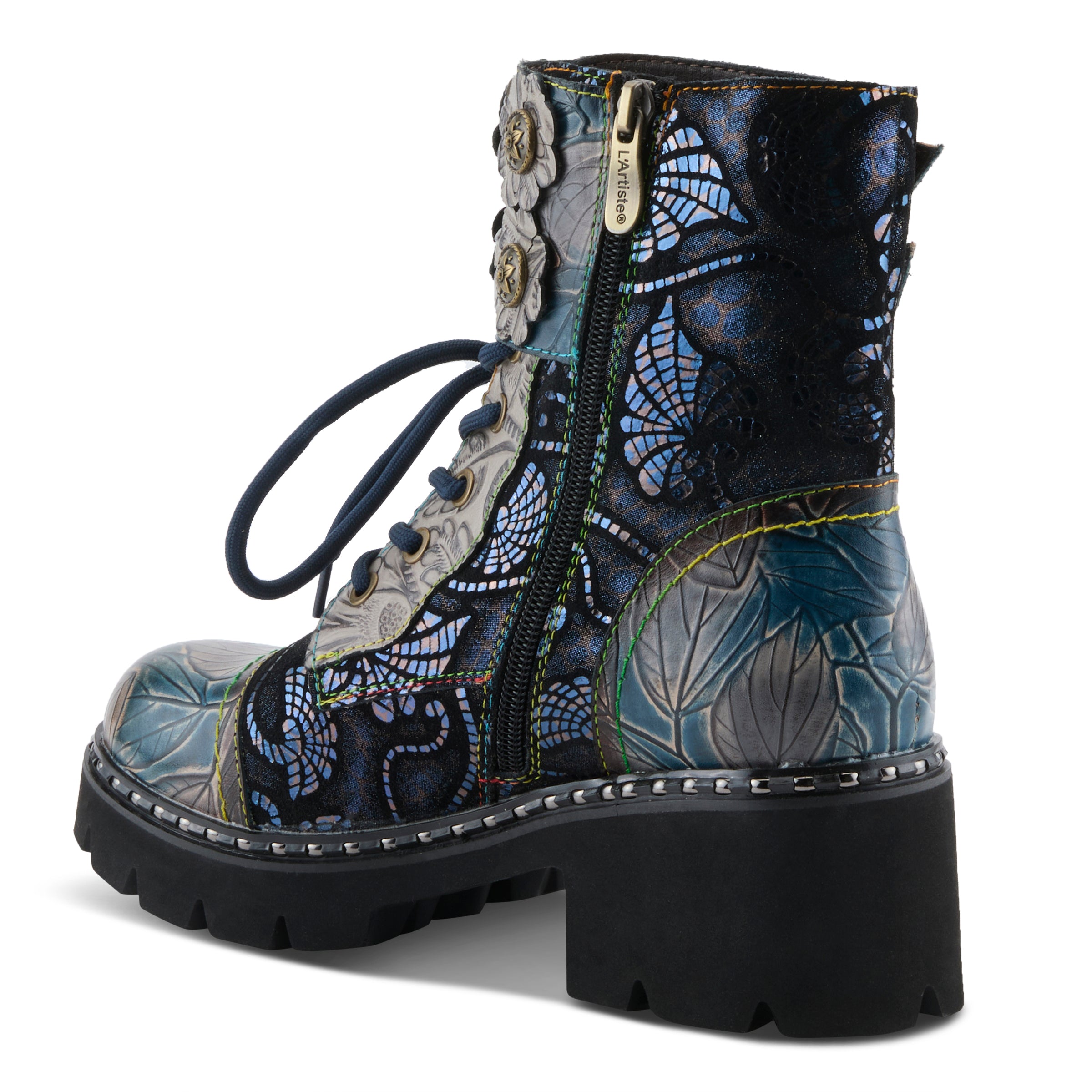 L'Artiste L'ARTISTE LIMITLESS MID CALF BOOTS boot in blue multi with handcrafted leather design