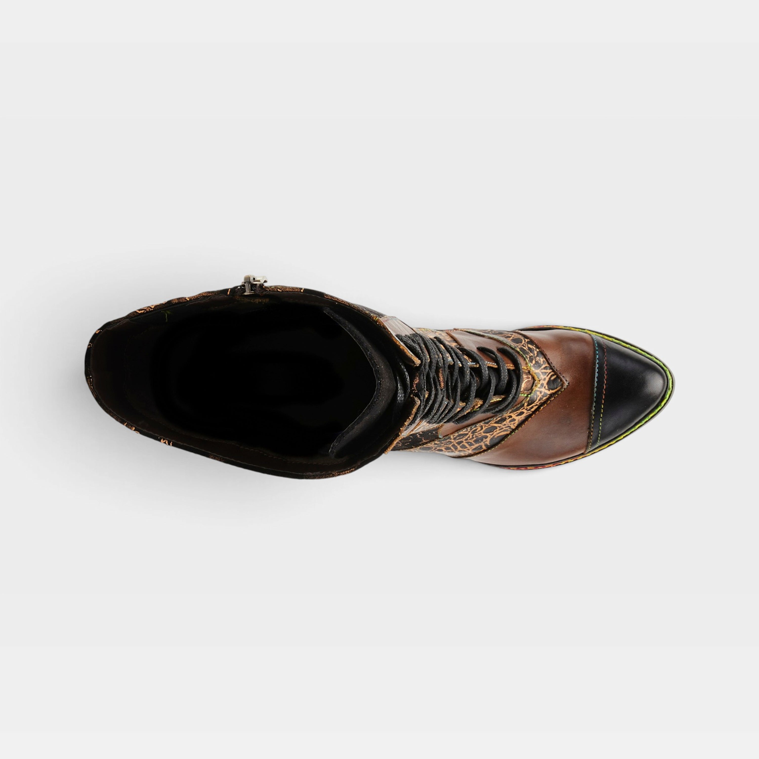 L'Artiste Malagie-Croco boots in Brown Multi, top view