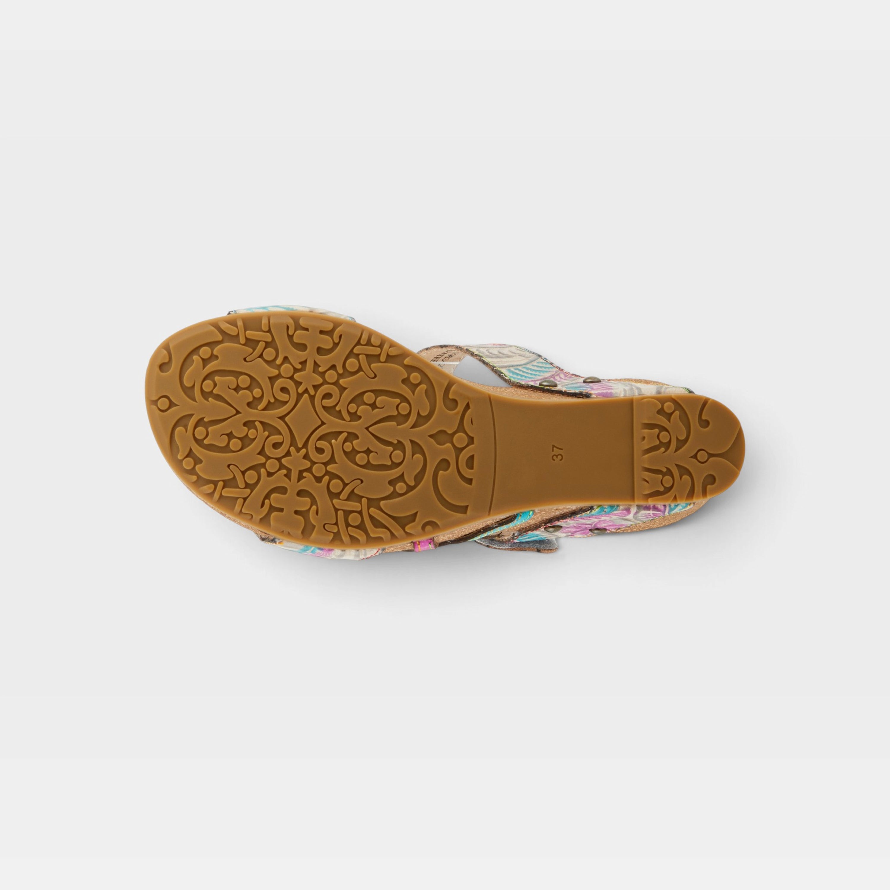 L'Artiste Moai sandals in Grey Multi, outsole view