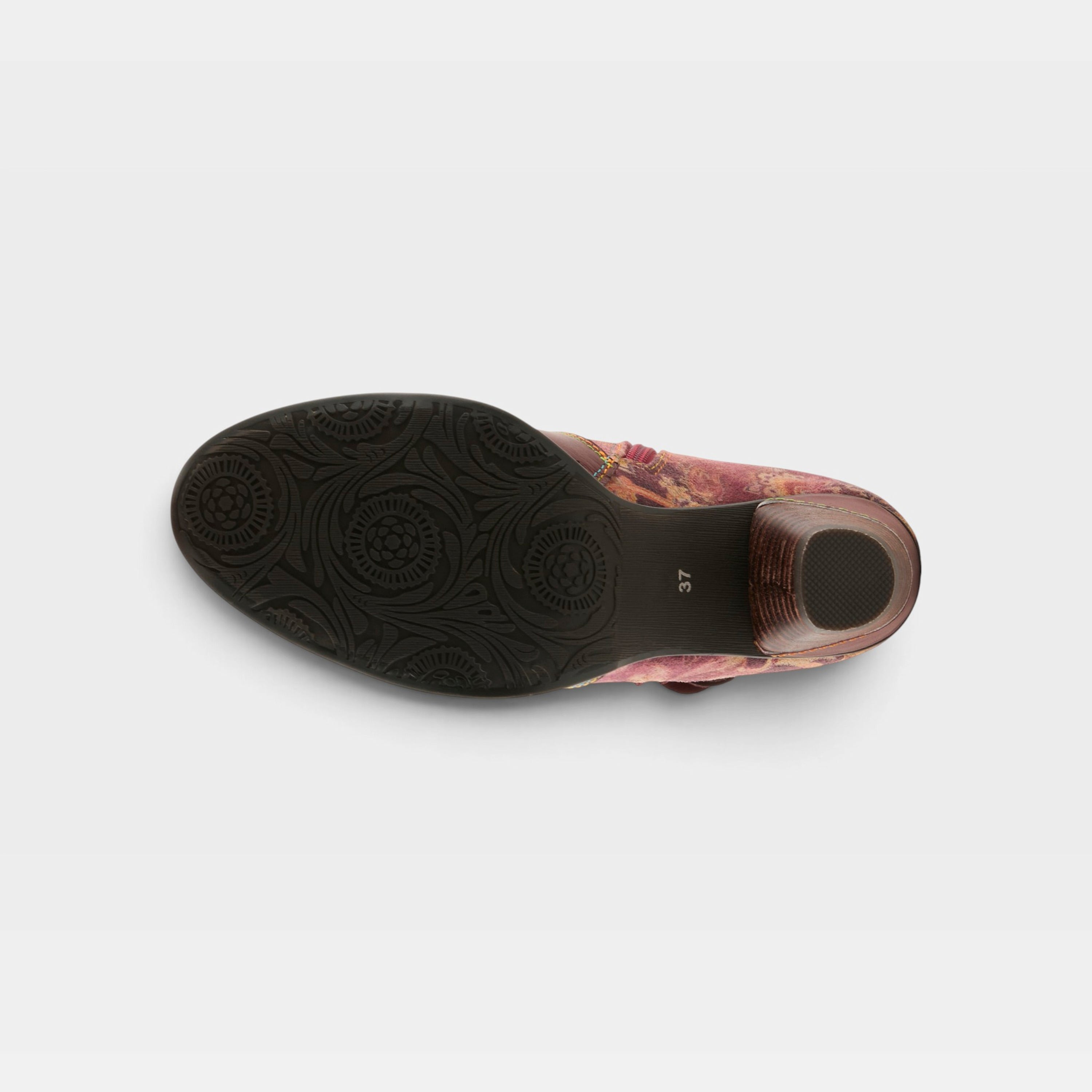 L'Artiste Naima boots in Bordeaux Multi, outsole view