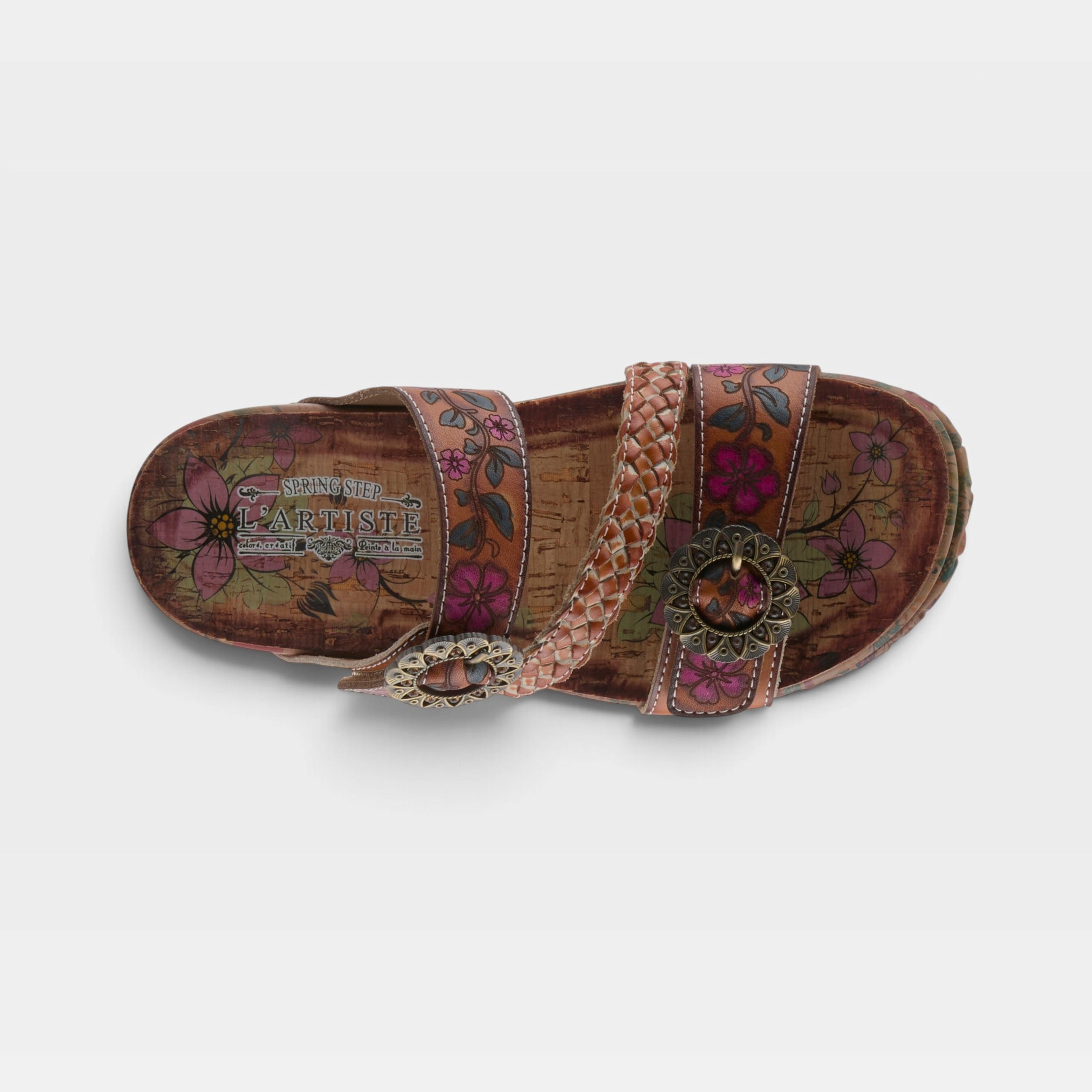 L'Artiste Ontheroad sandals in Camel Multi, top view