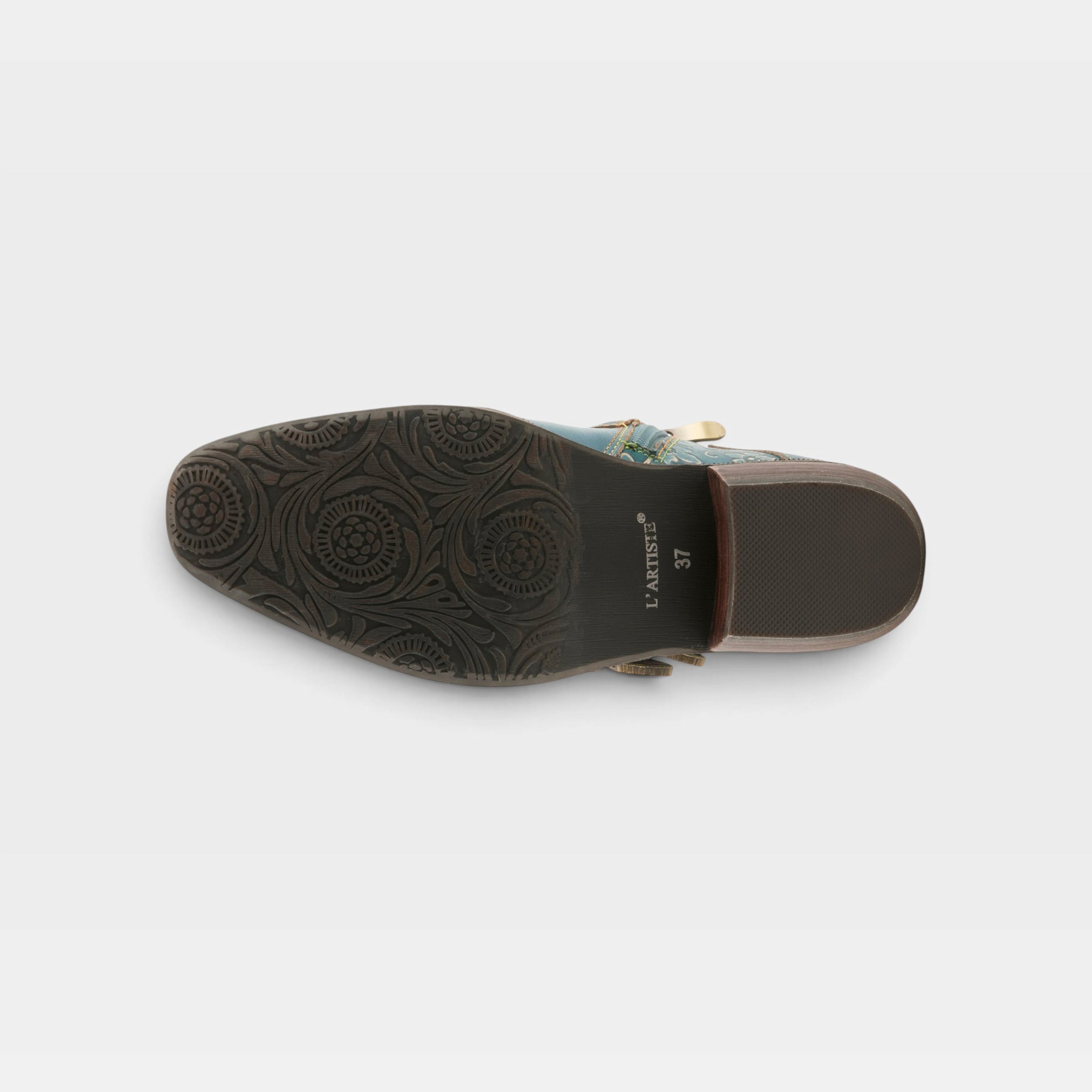 L'Artiste Rodeha boots in Teal, outsole view