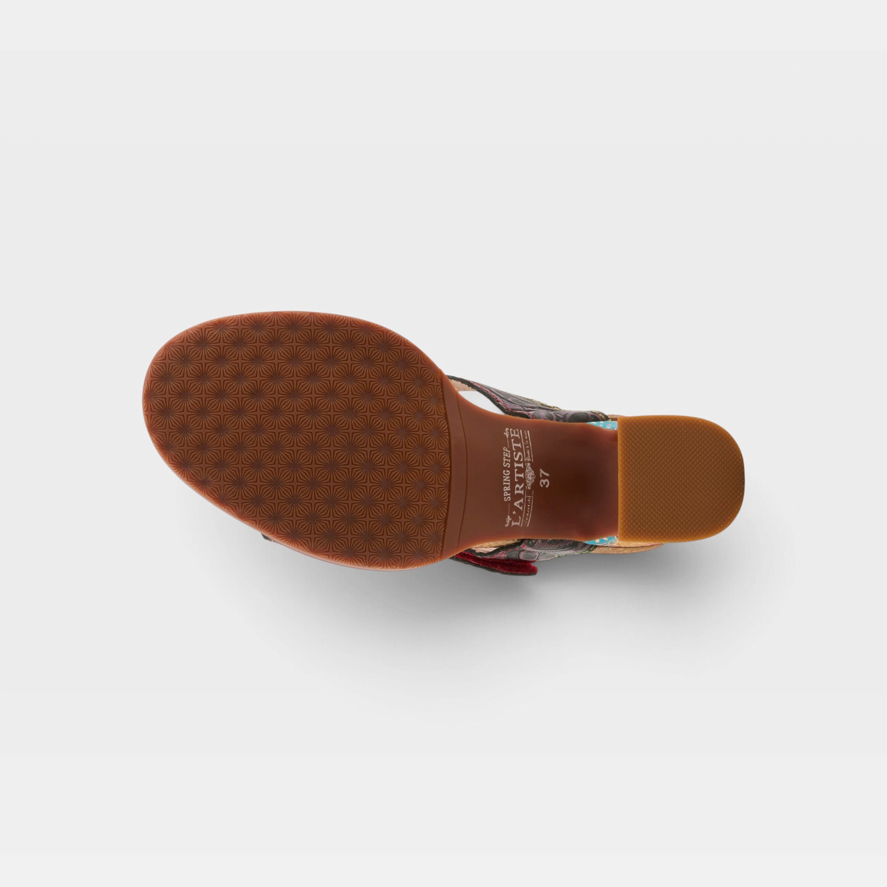 L'Artiste Rossie heeled sandals in Red Multi, outsole view