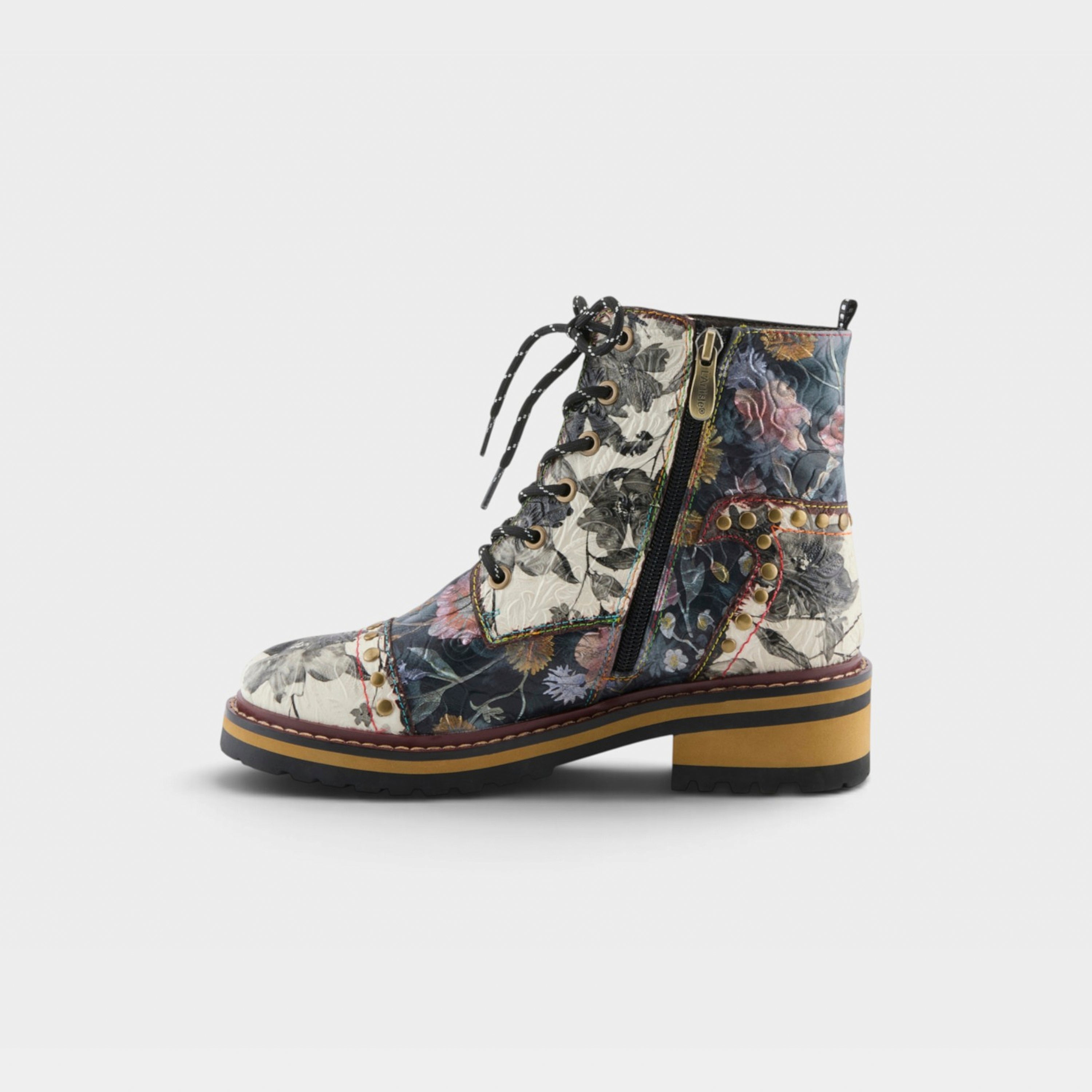L'Artiste Rugup-Flower booties in Black Multi, side view