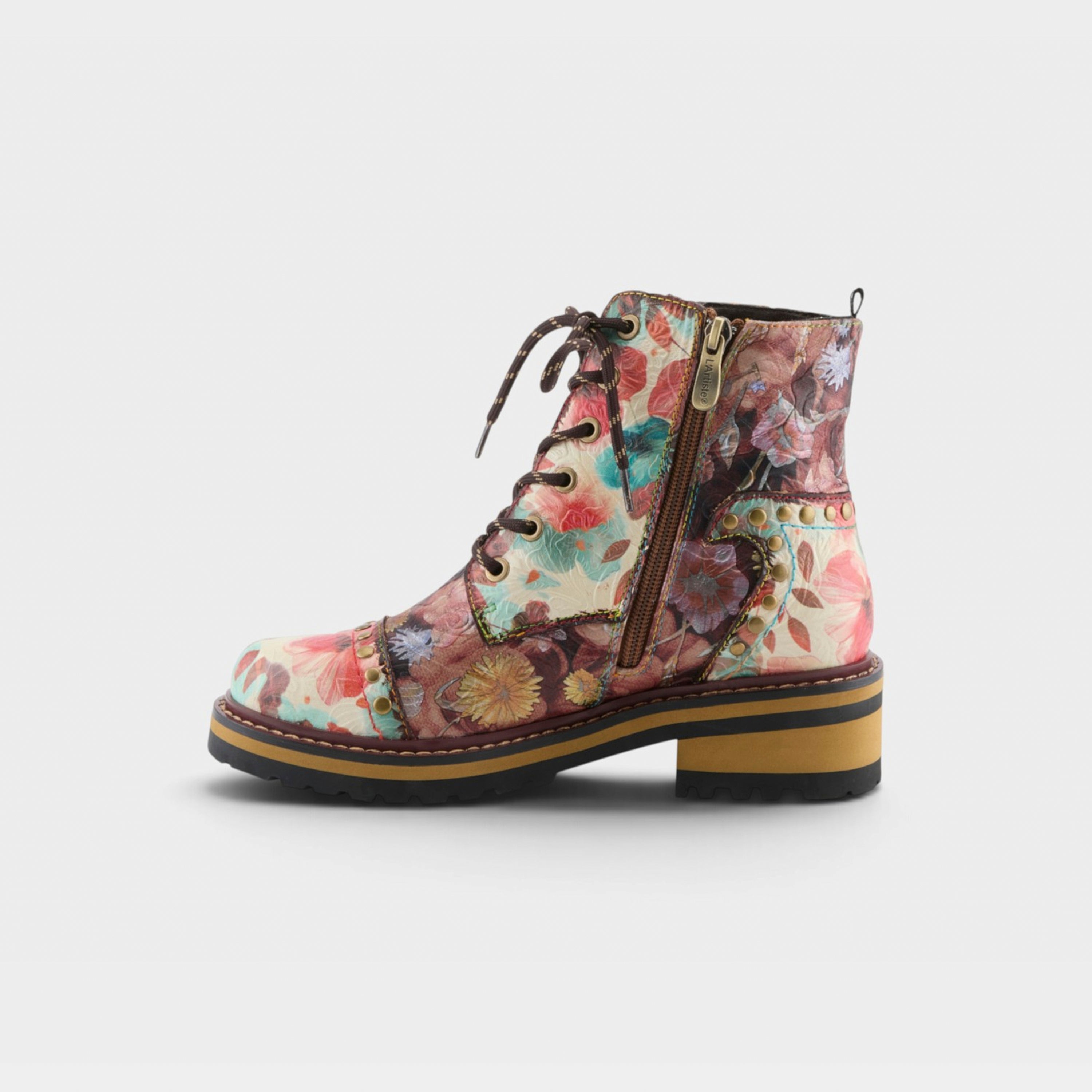 L'Artiste Rugup-Flower booties in Brown Multi, side view