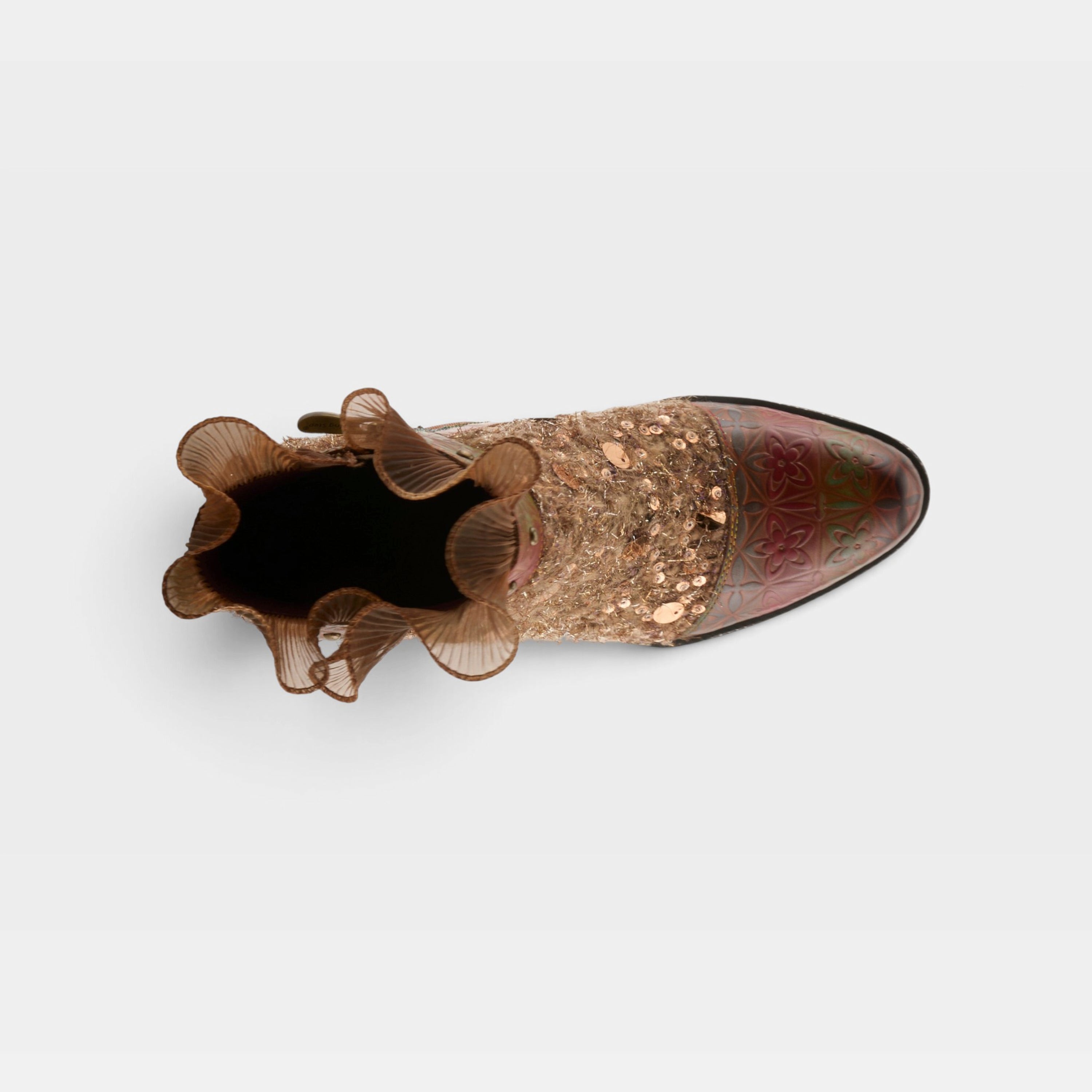 L'Artiste Seeherquin boots in Camel Multi, top view