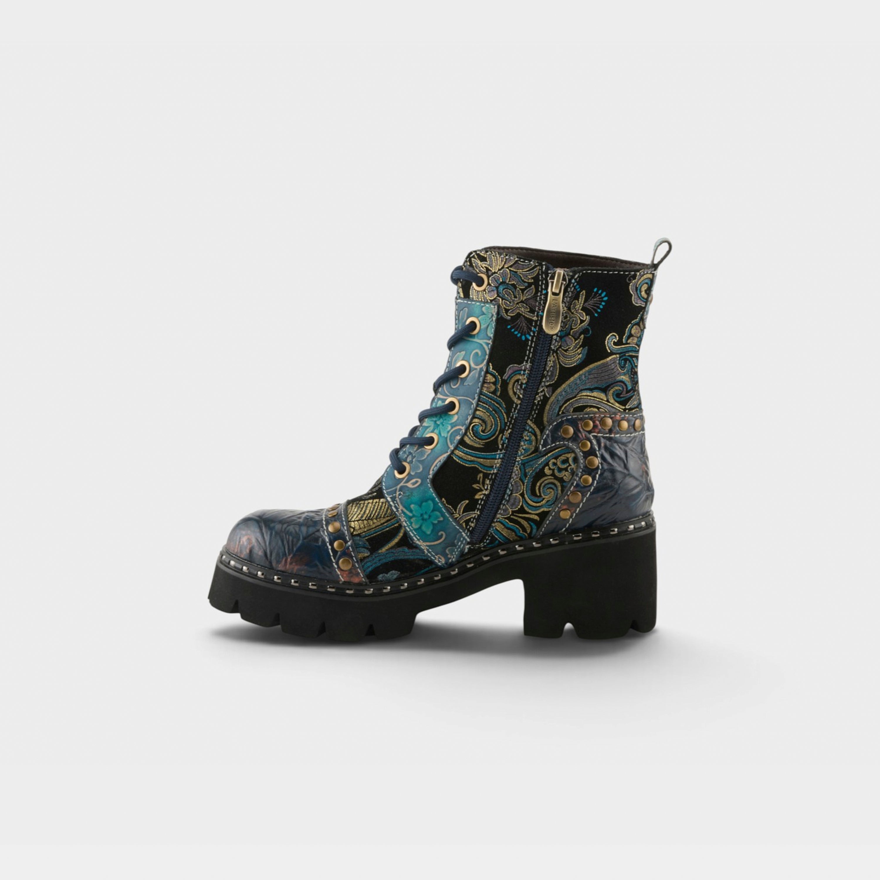 L'Artiste Severity boots in Blue Multi, side view