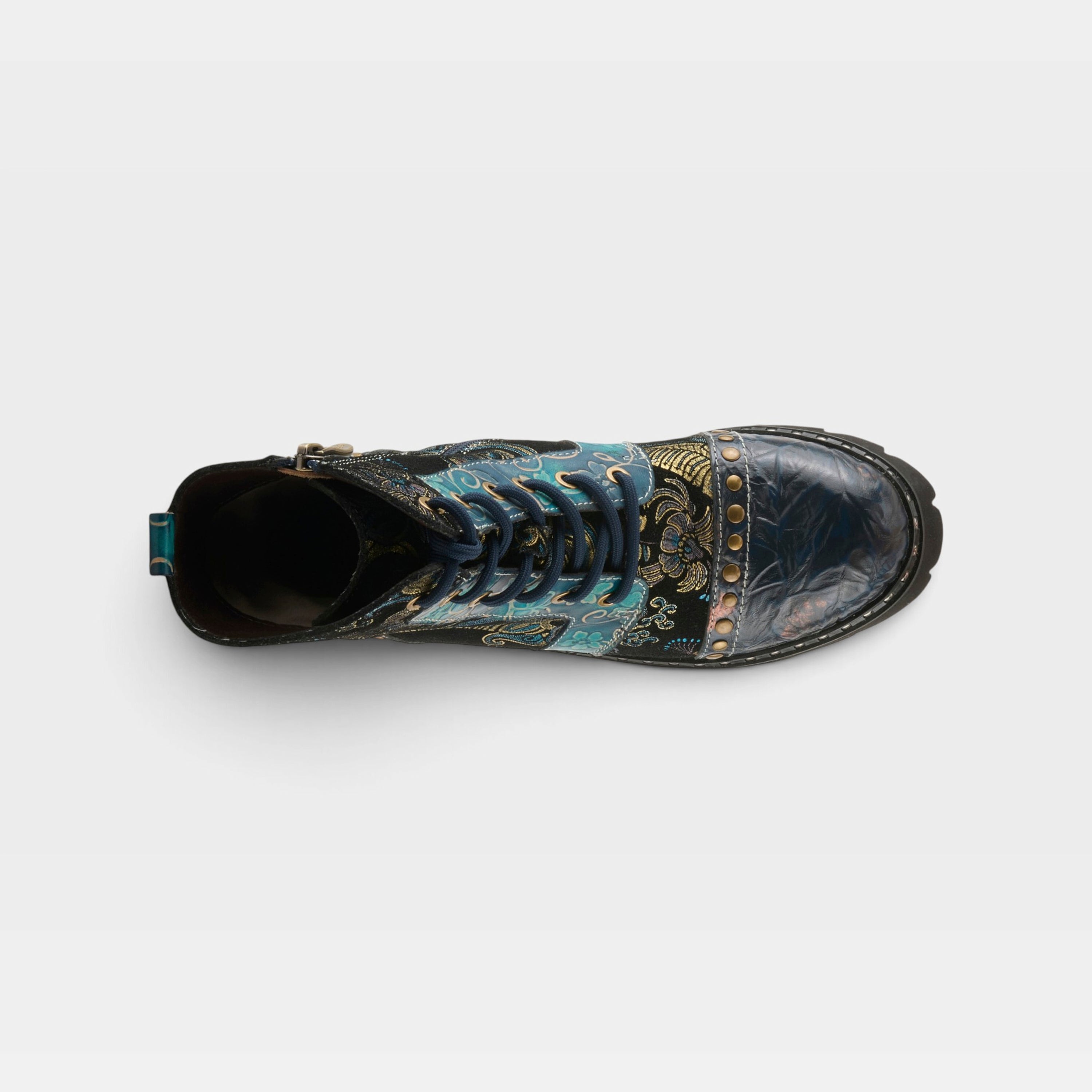 L'Artiste Severity boots in Blue Multi, top view