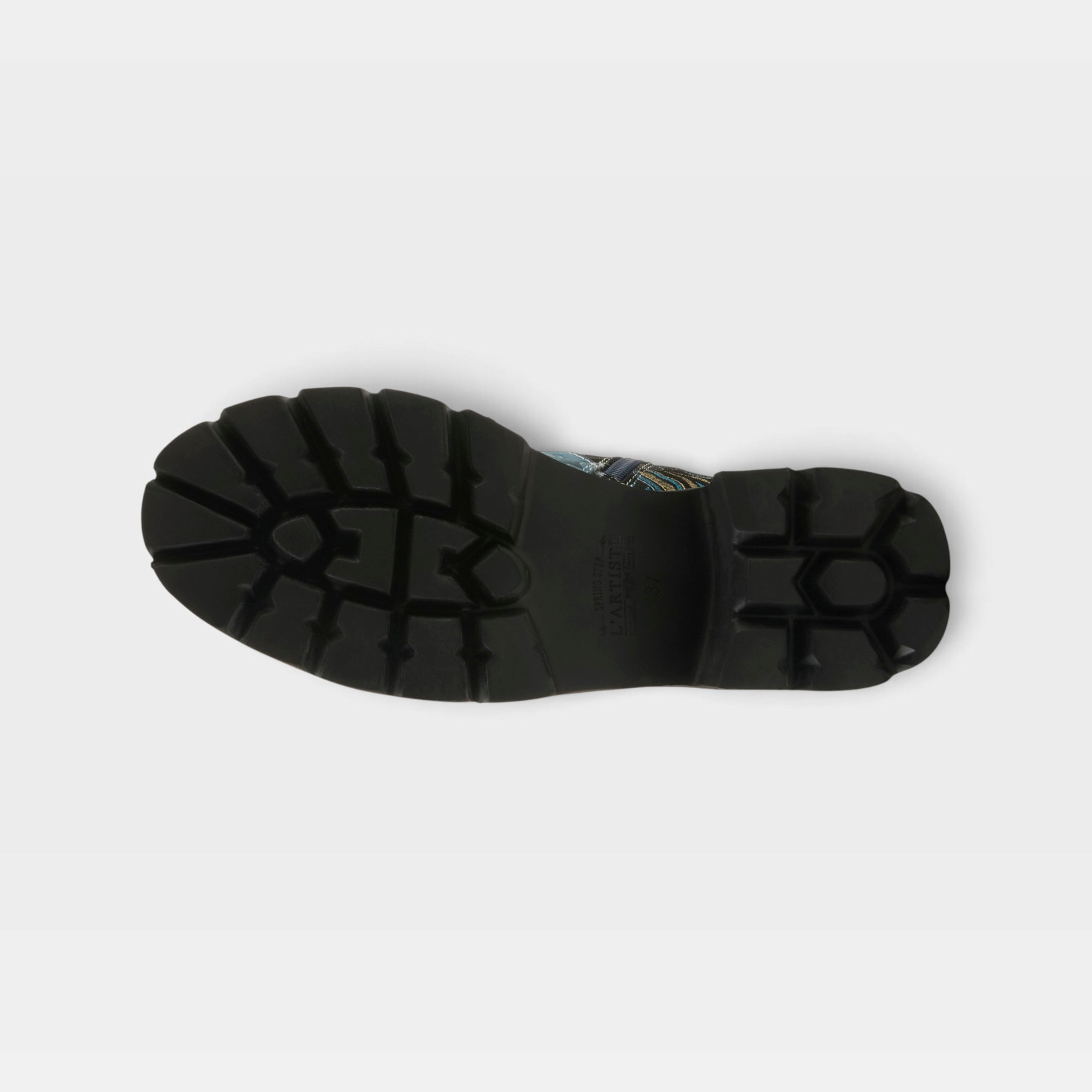 L'Artiste Severity boots in Blue Multi, outsole view