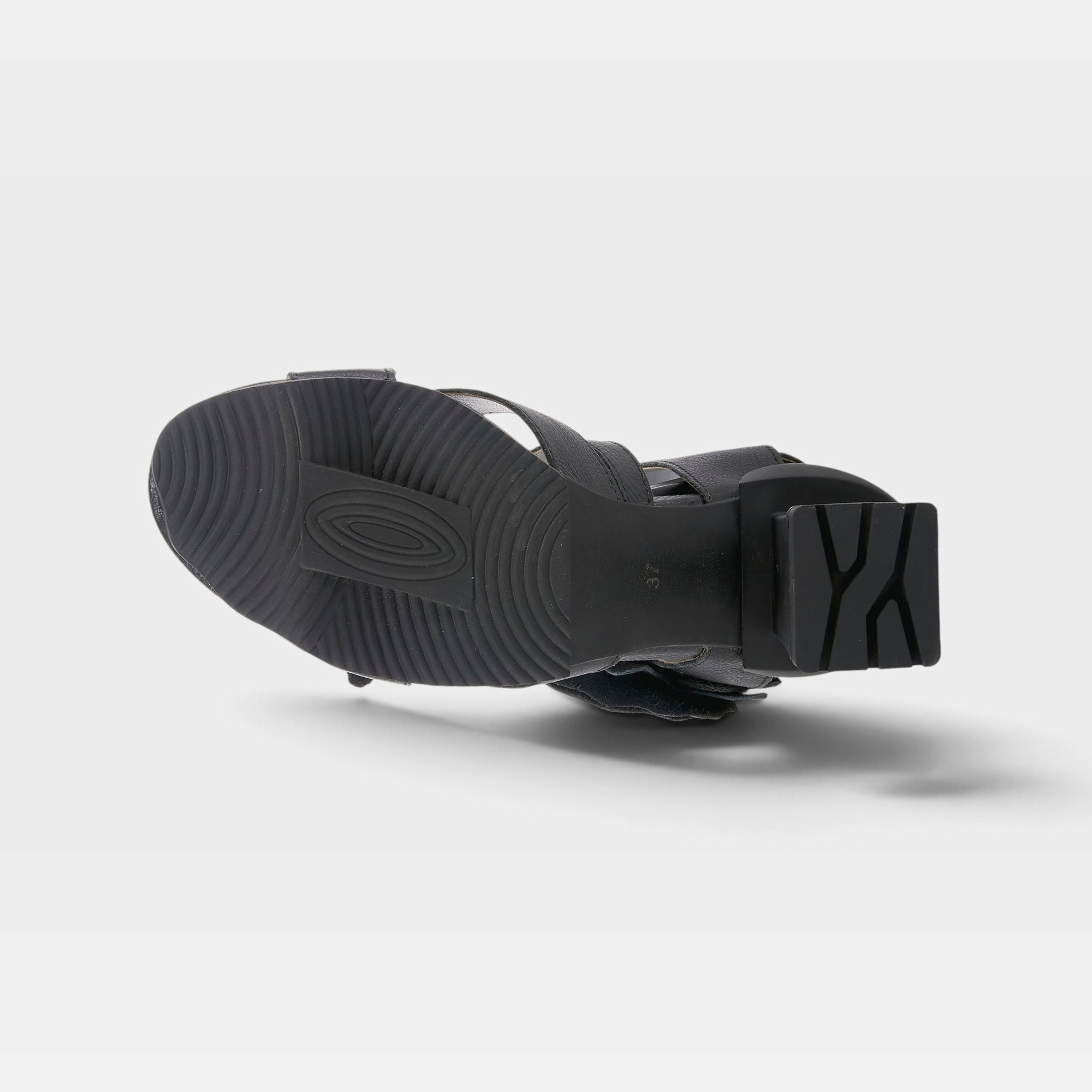 L'Artiste Shelly ankle strap sandals in Black, outsole view