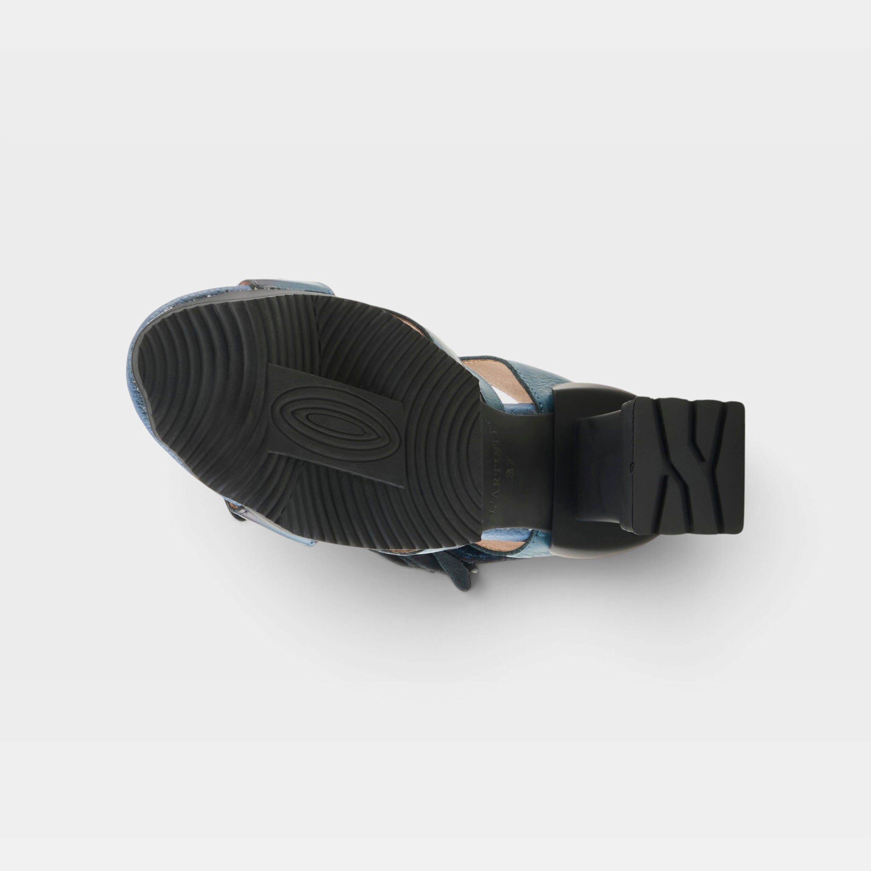 L'Artiste Shelly ankle strap sandals in Blue, outsole view