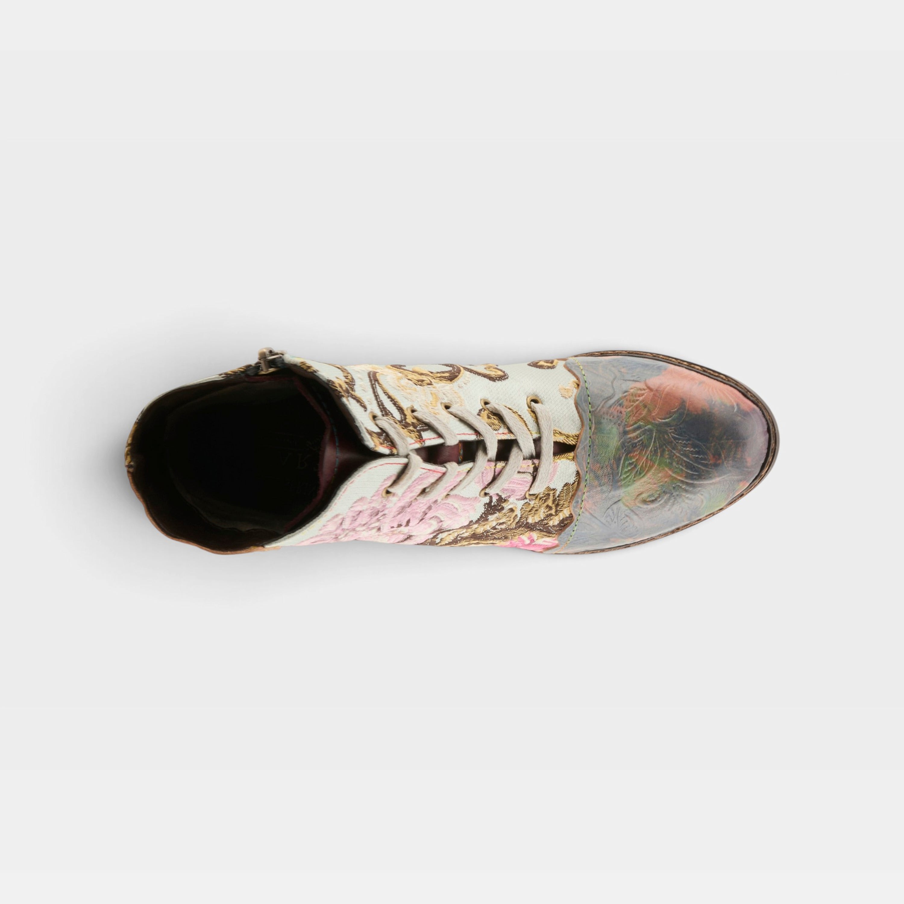 L'Artiste Siren boots in Mint Green Multi, top view
