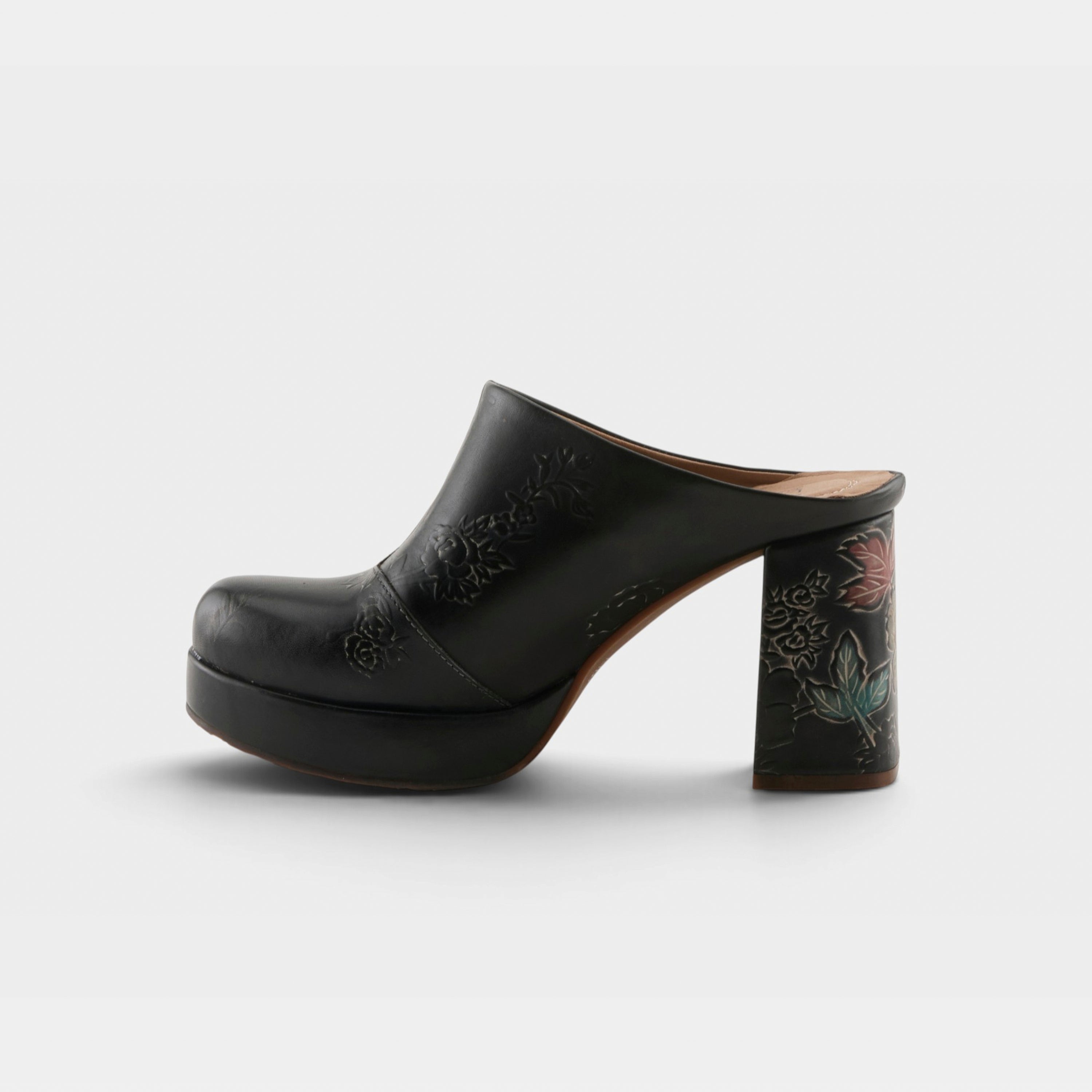 L'Artiste Skyhigh mules in Black Multi, side view