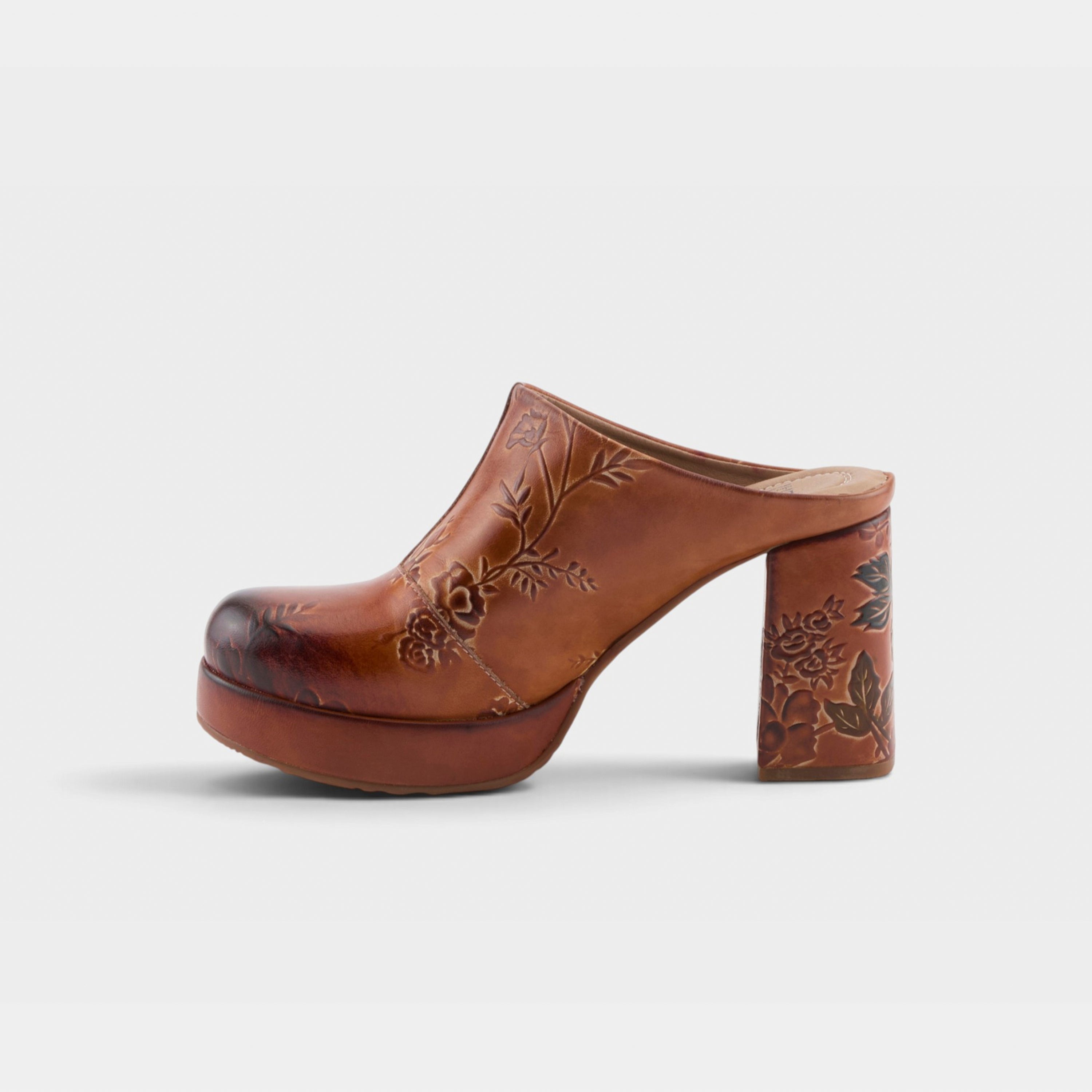 L'Artiste Skyhigh mules in Camel Multi, side view