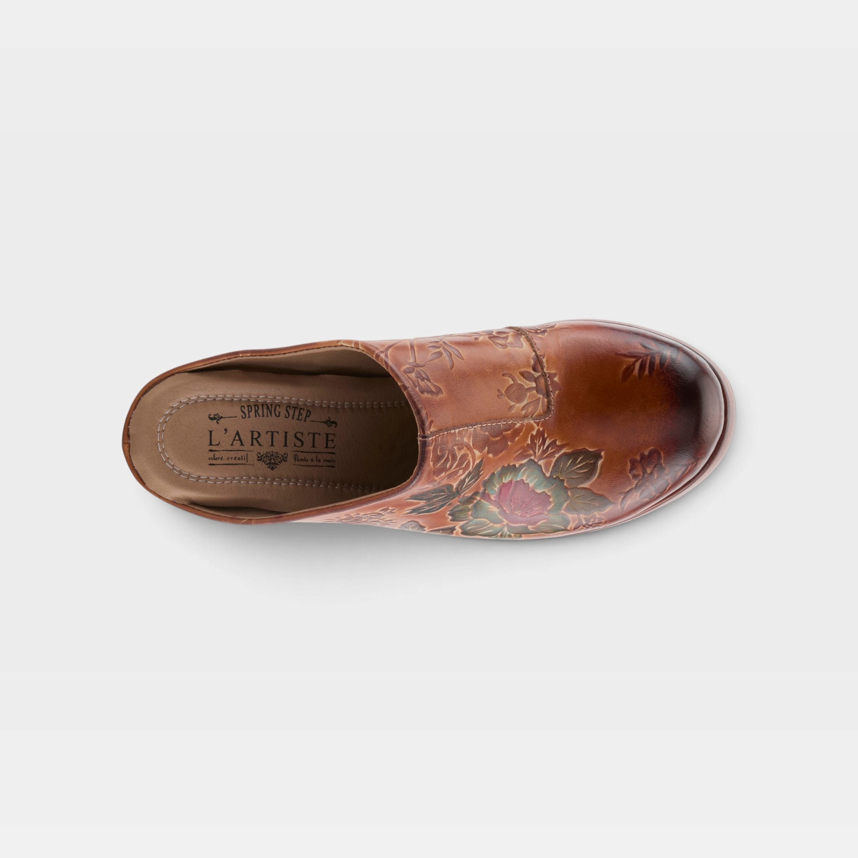 L'Artiste Skyhigh mules in Camel Multi, top view