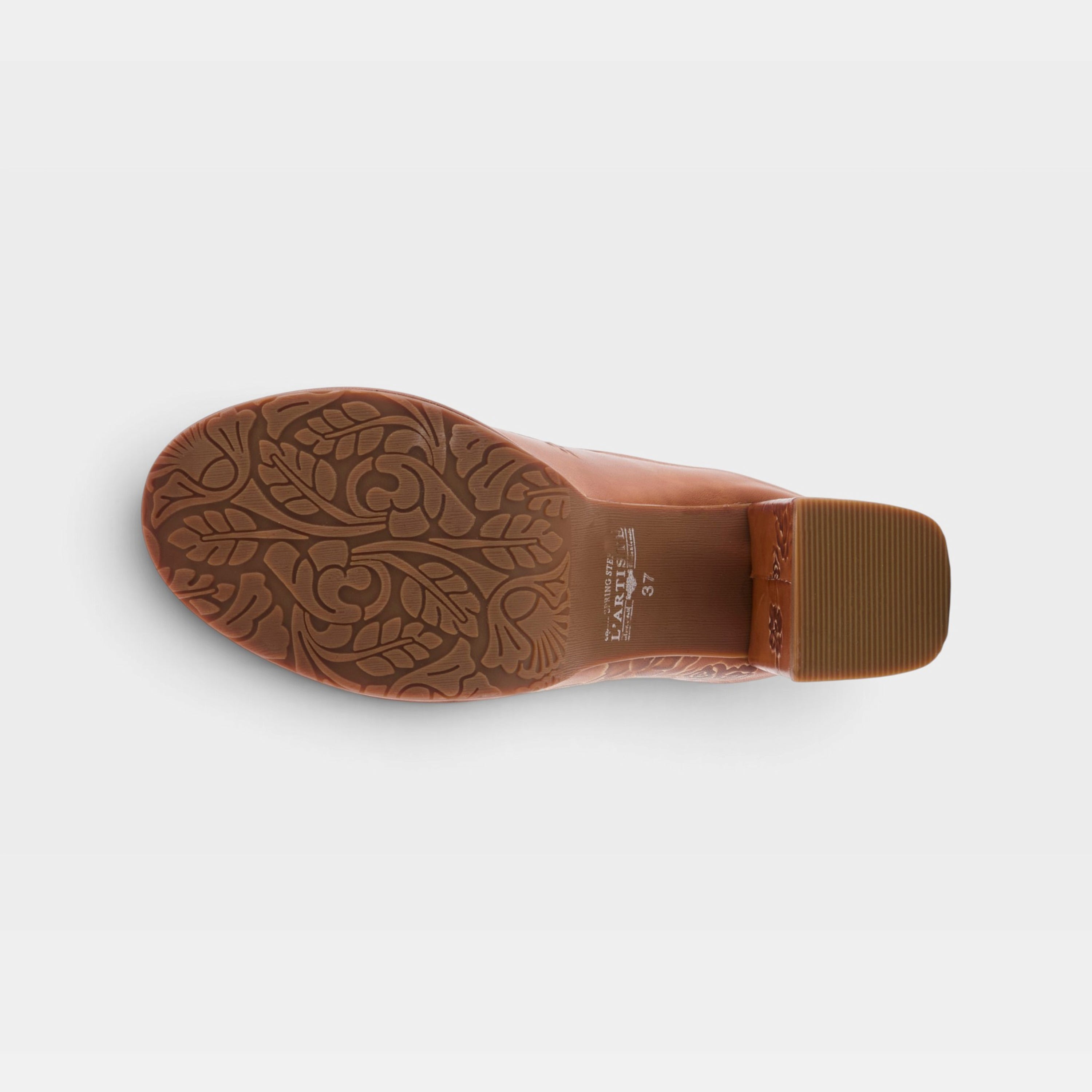 L'Artiste Skyhigh mules in Camel Multi, outsole view