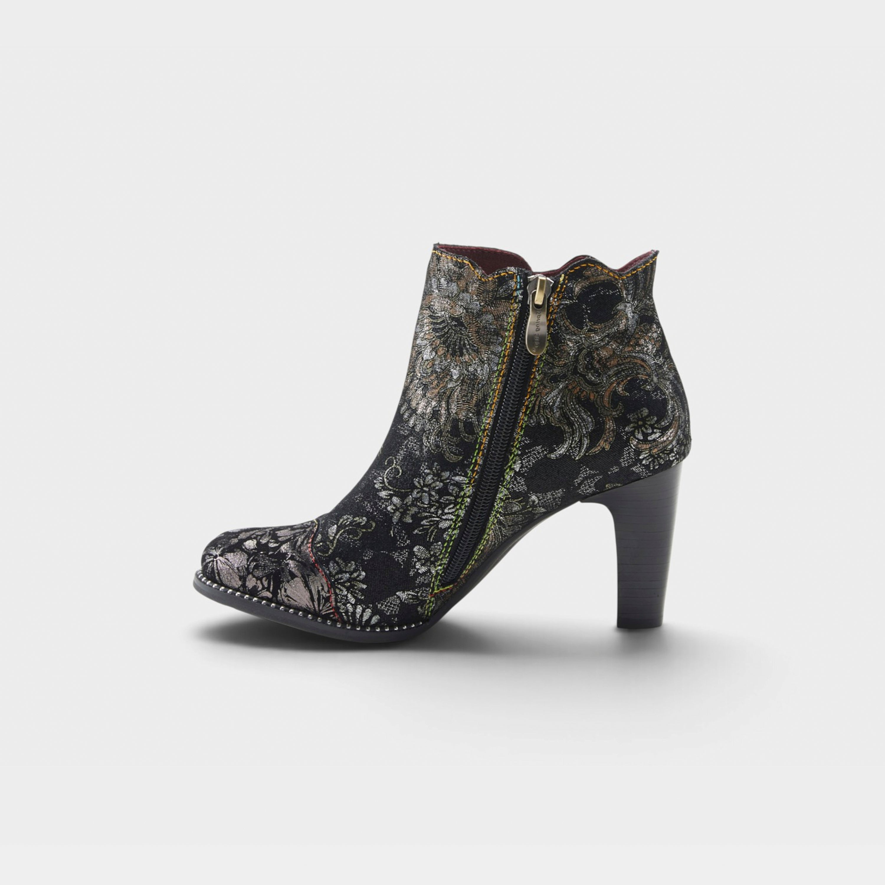 L'Artiste Smokinhot heeled booties in Black Multi, side view
