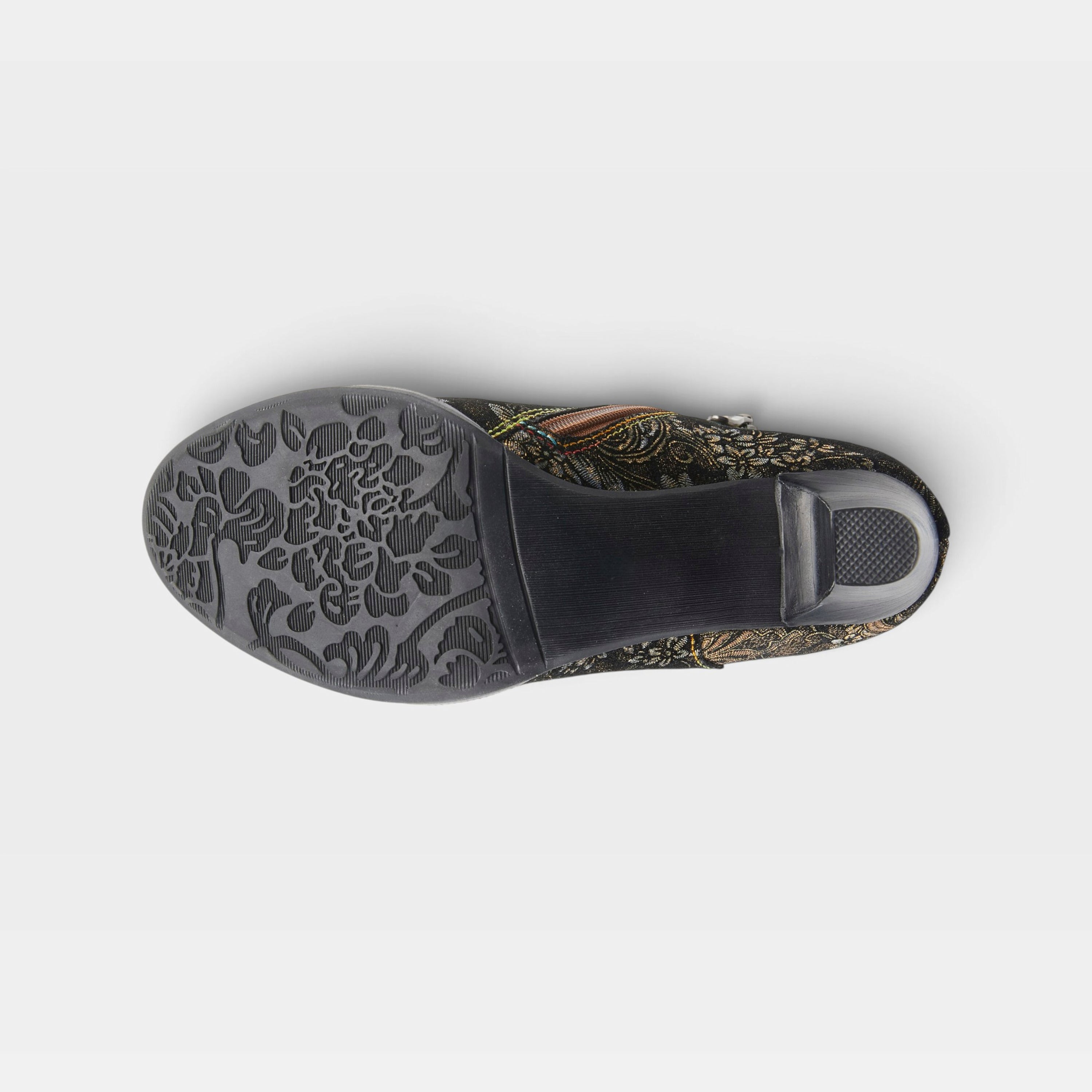 L'Artiste Smokinhot heeled booties in Bronze Multi, outsole view
