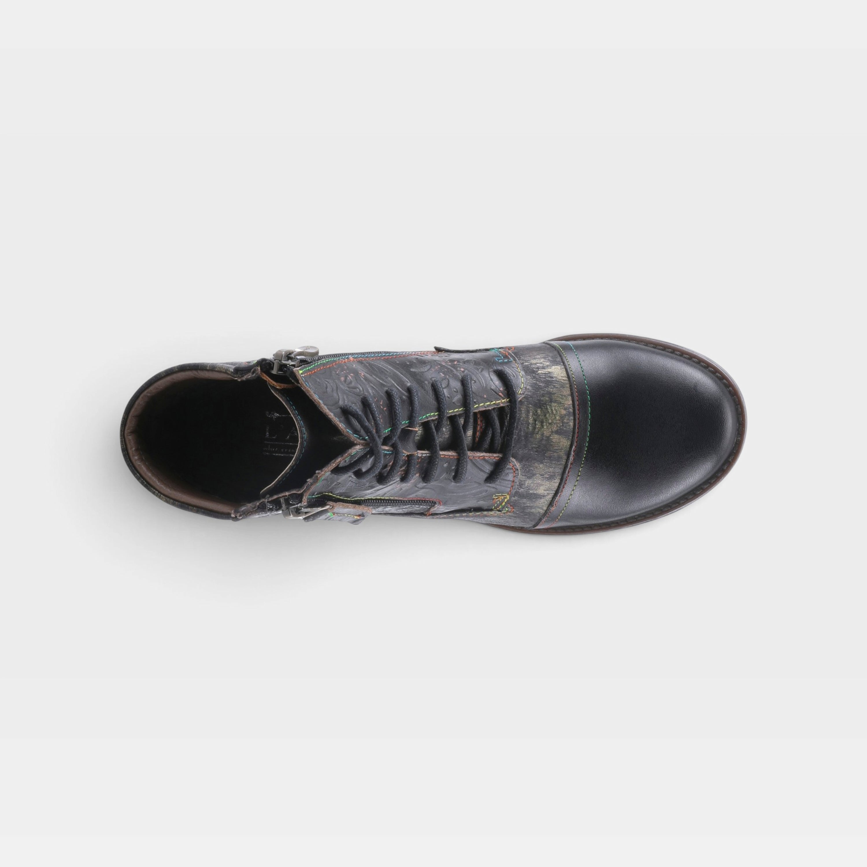 L'Artiste Sunsetride boots in Black Multi, top view