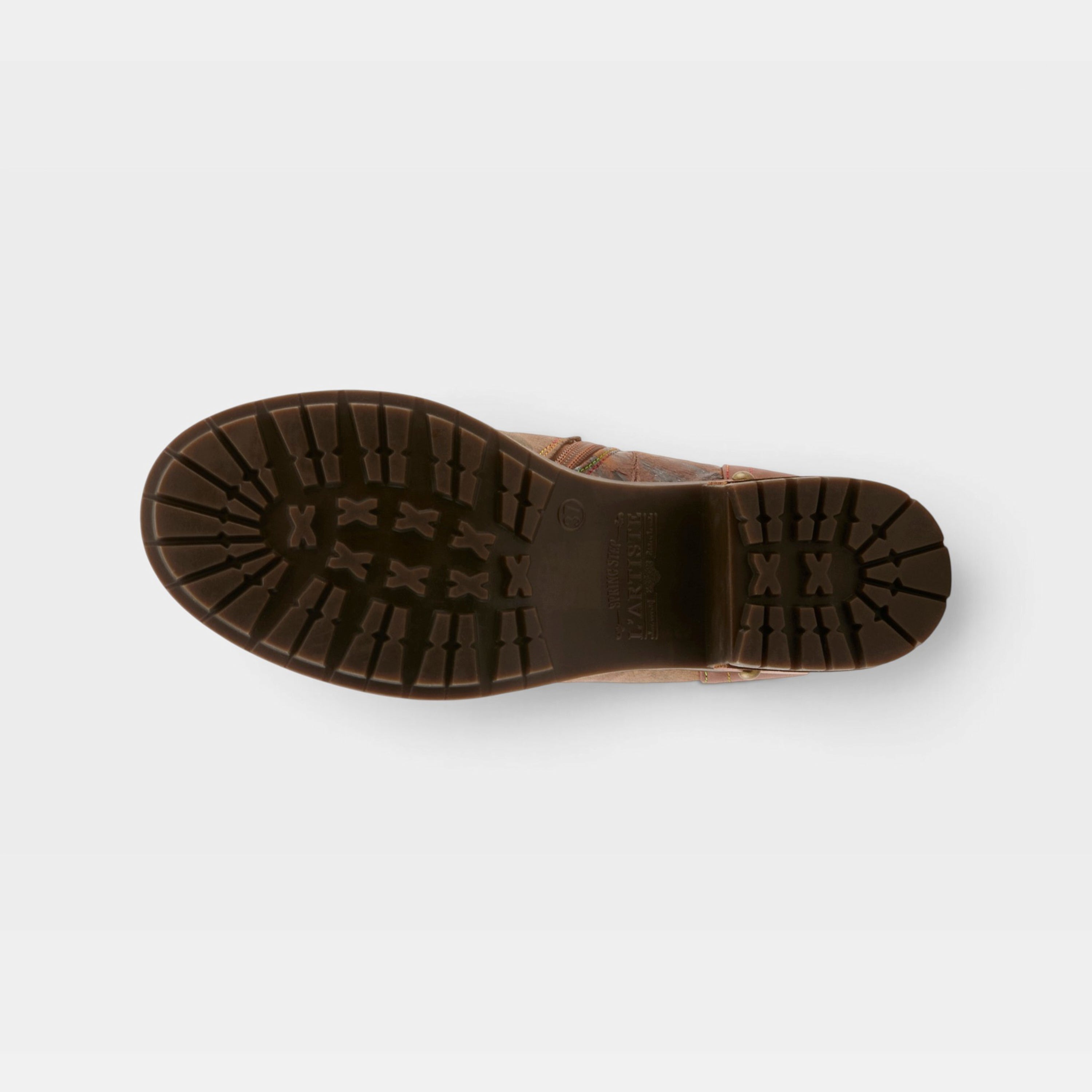 L'Artiste Sunsetride boots in Medium Brown Multi, outsole view