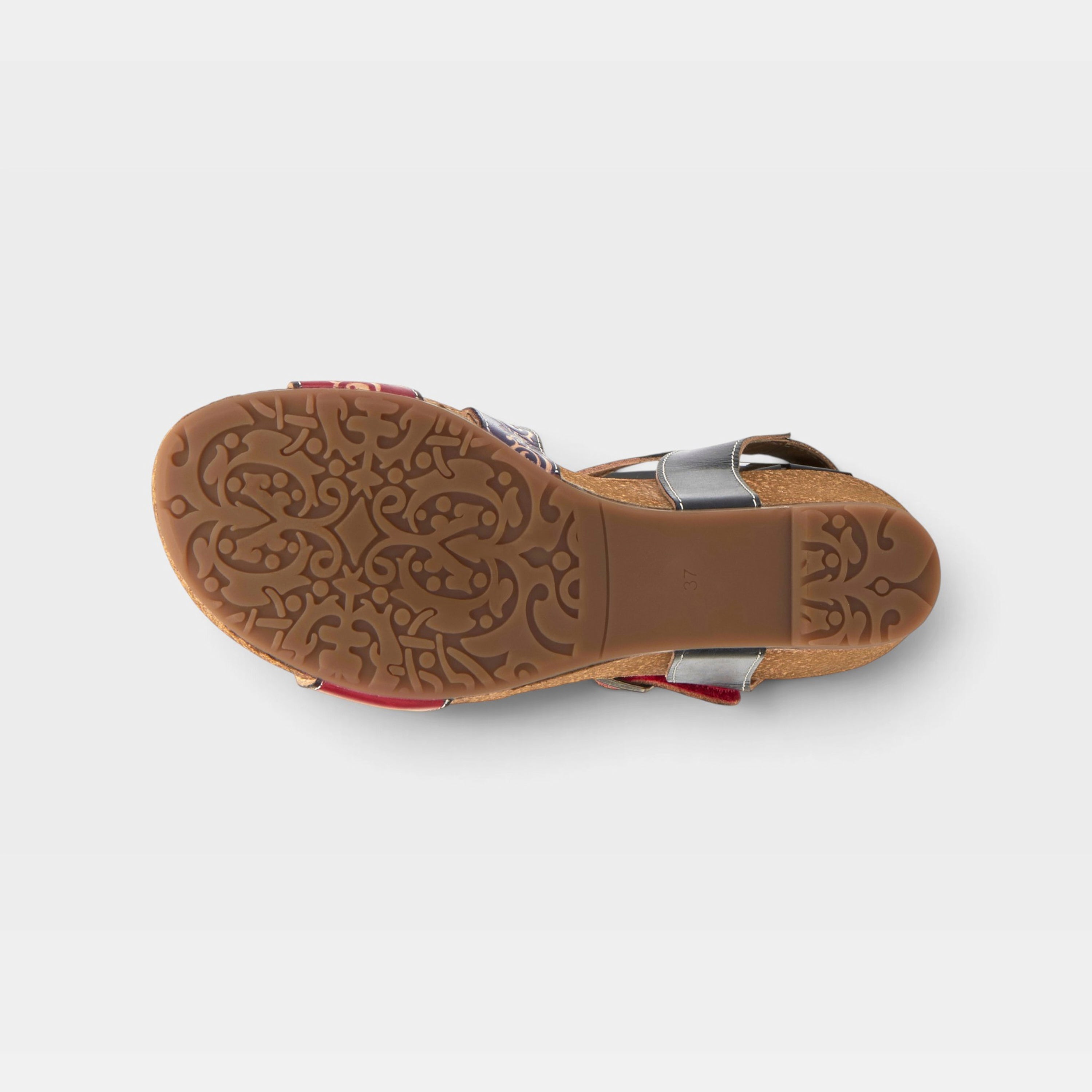 L'Artiste Tanja ankle strap sandal in Red Multi, outsole view