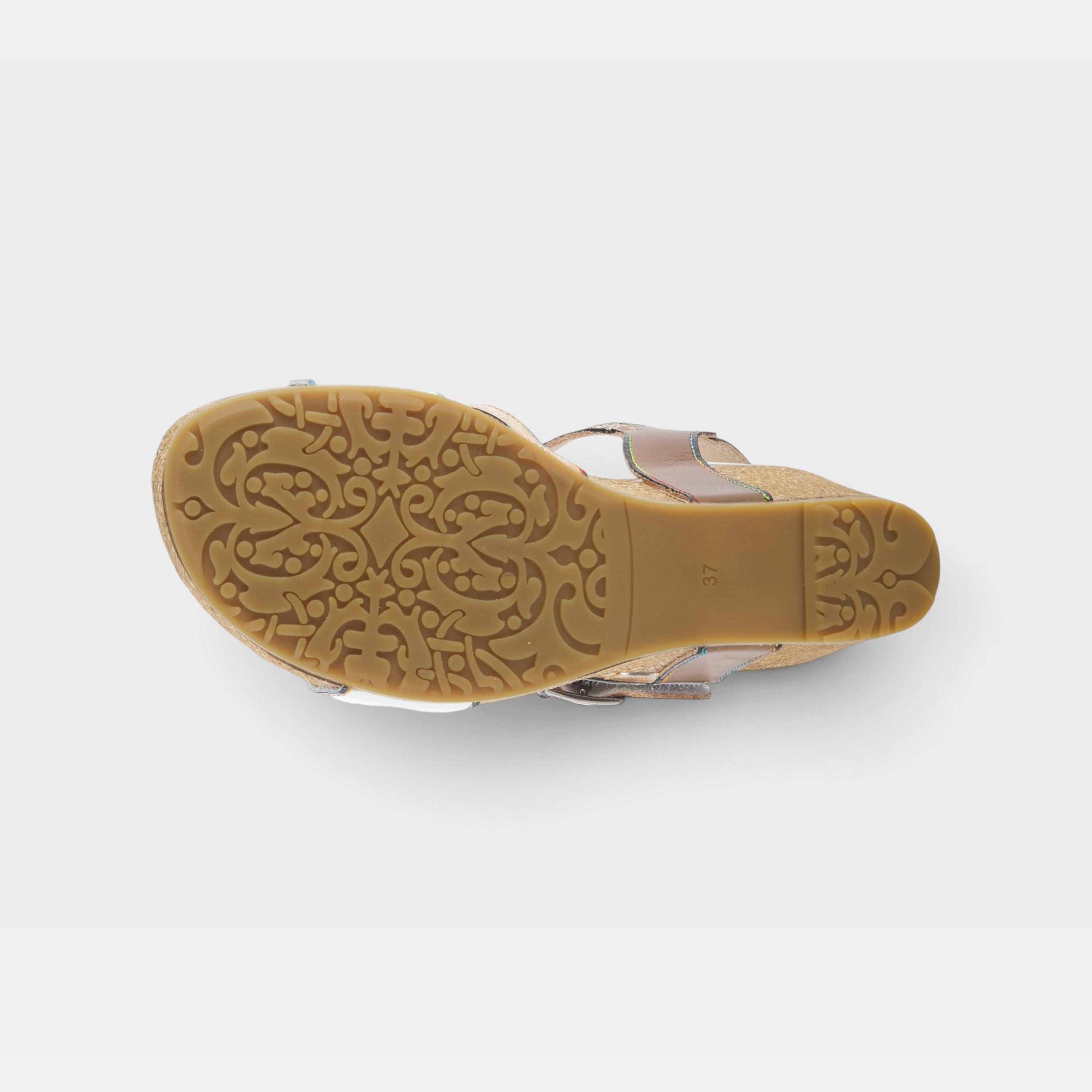 L'Artiste Tanja ankle strap sandal in White Multi, outsole view