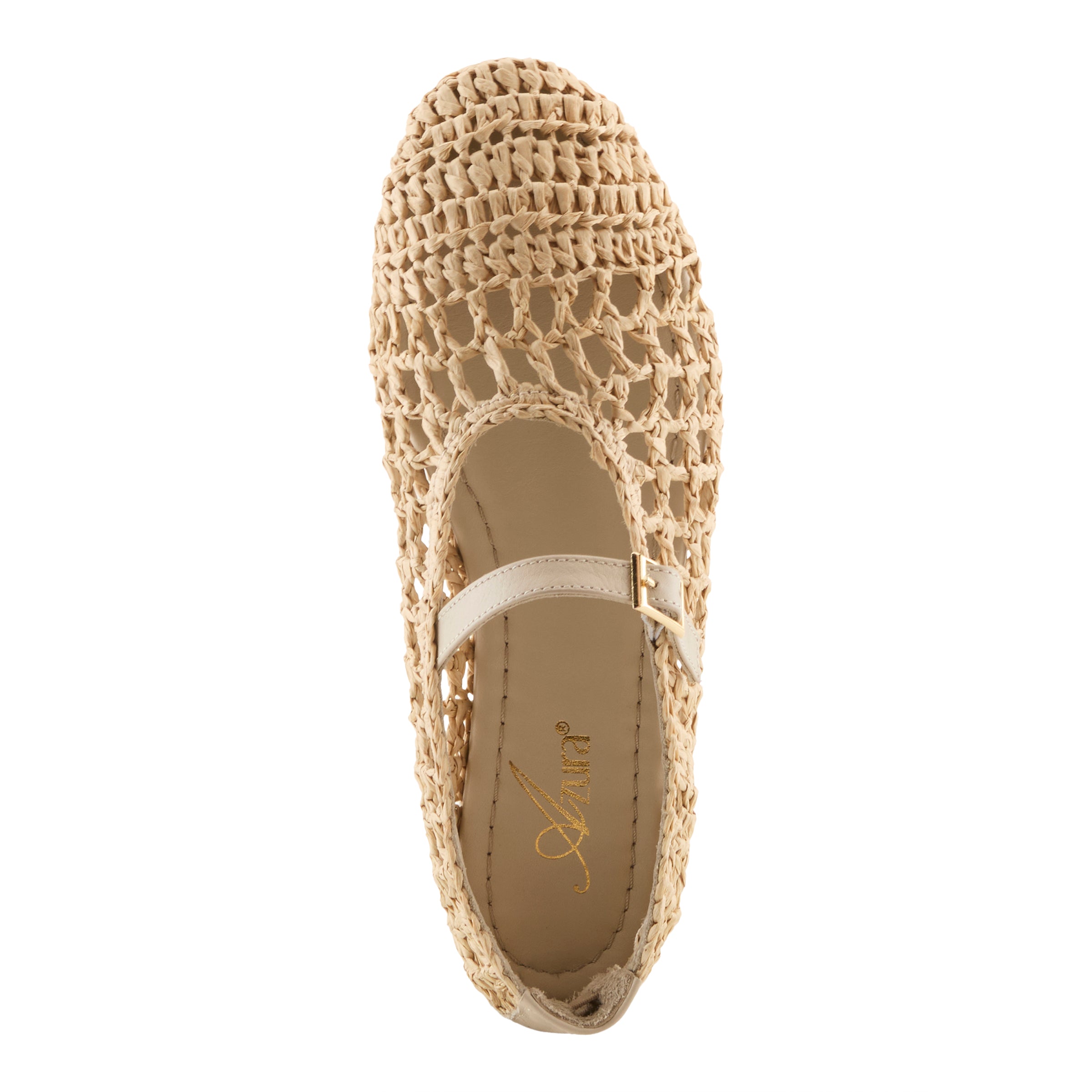 Azura Thevineyard women's flat in beige with raffia upper and buckle detail