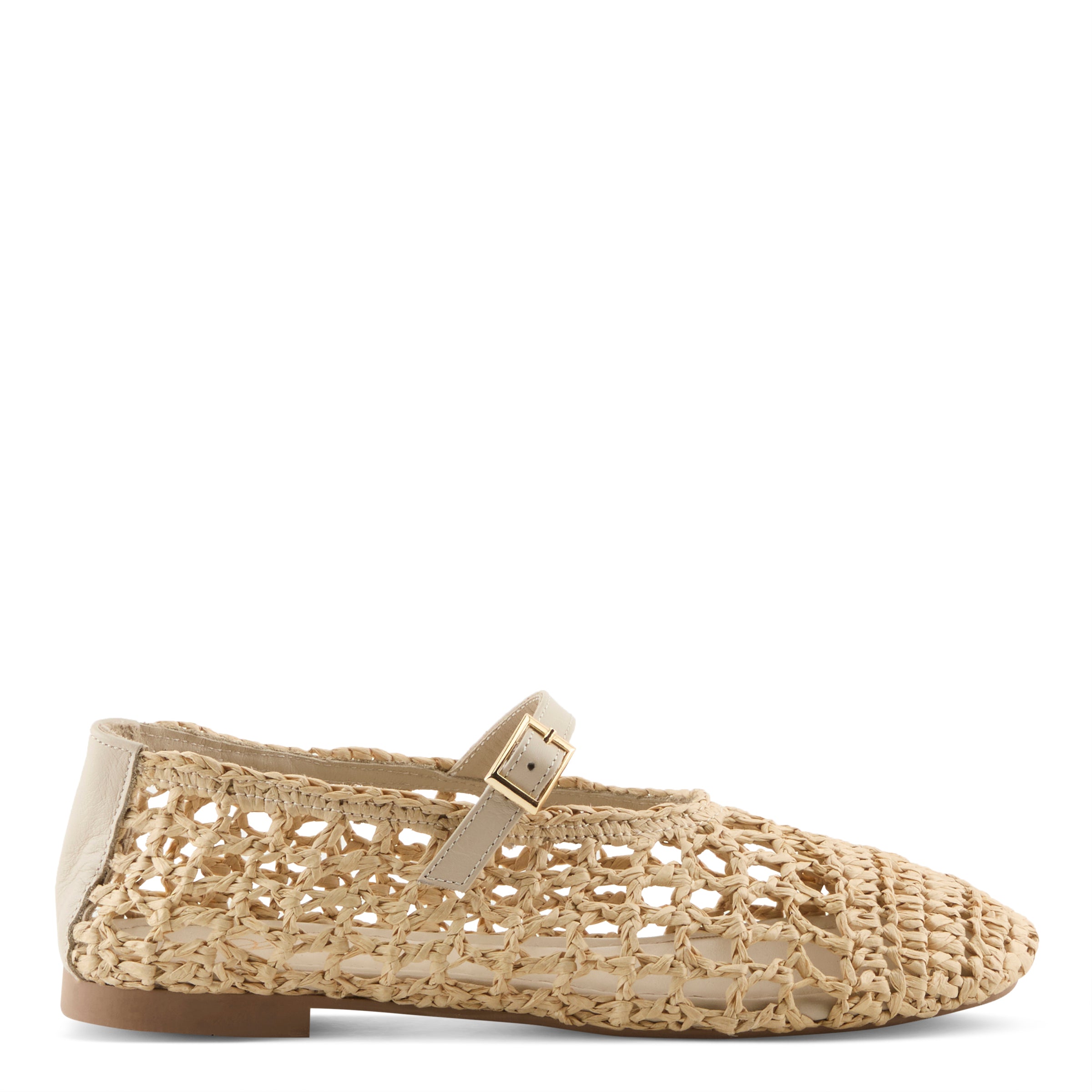 Azura Thevineyard women's flat in beige with raffia upper and buckle detail
