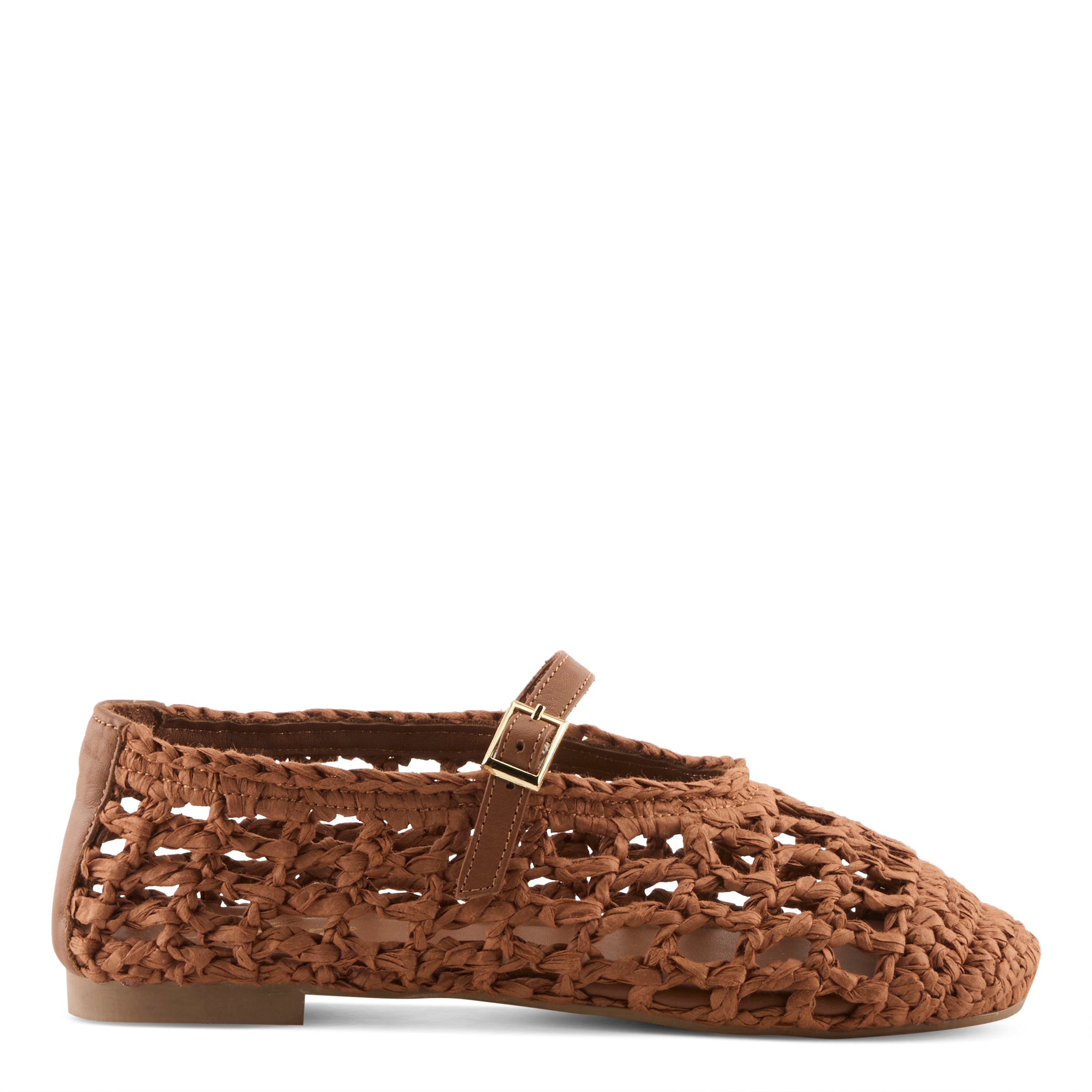 Azura Thevineyard women's flat in brown with raffia upper and buckle detail