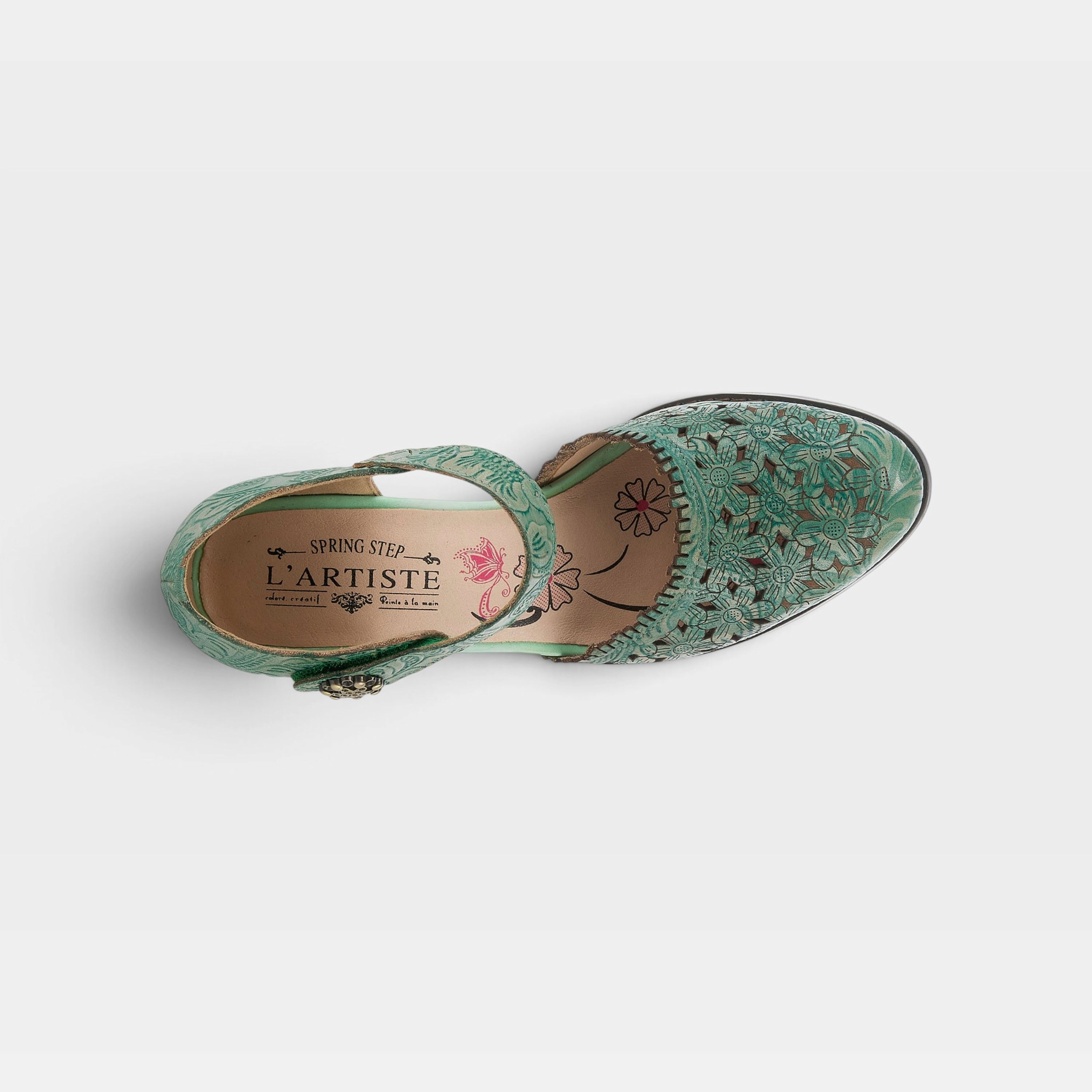 L'Artiste Visionary ankle strap shoes in Green, top view
