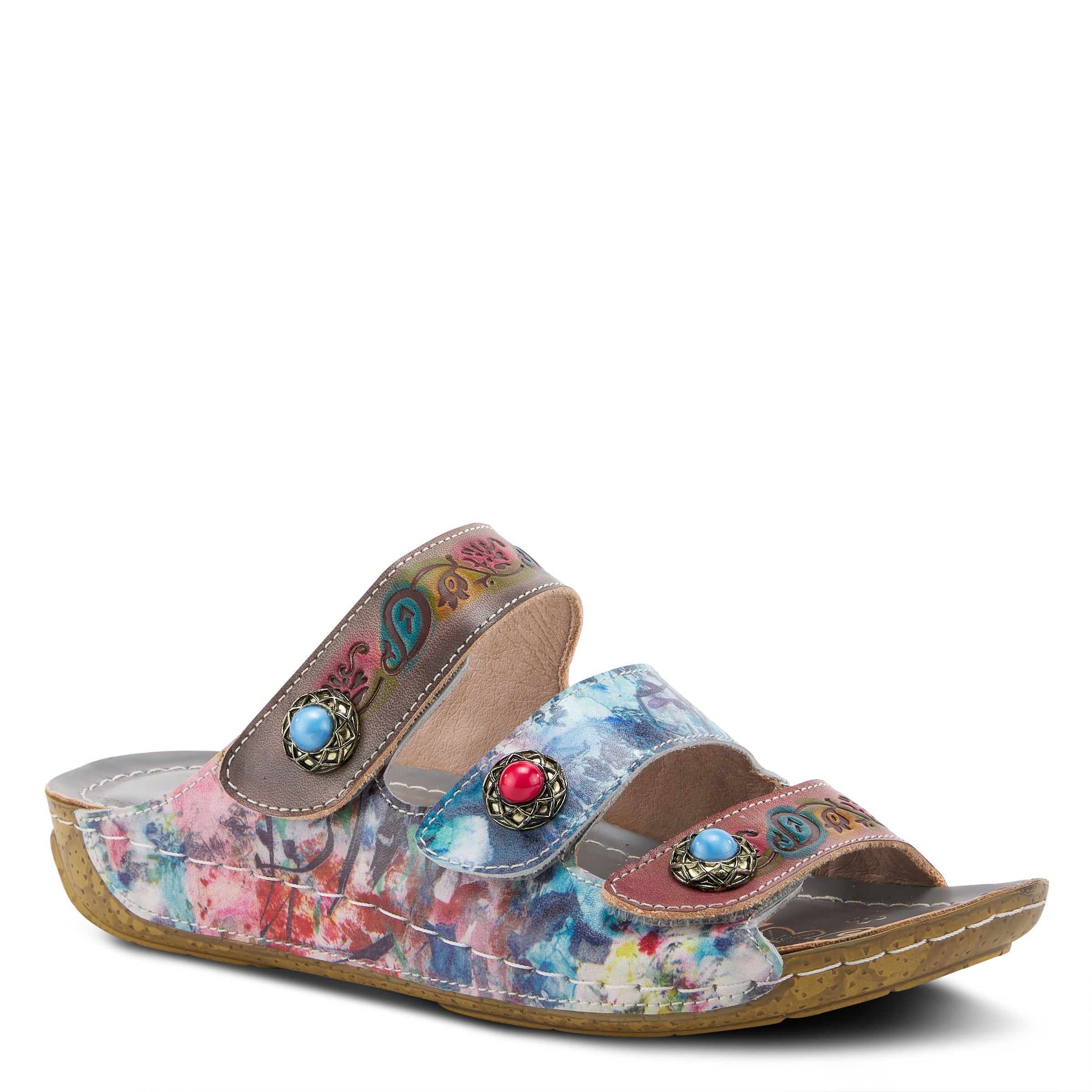 L'Artiste L'ARTISTE CASTLEWALK SLIDE SANDALS sandal in red multi with handcrafted leather design