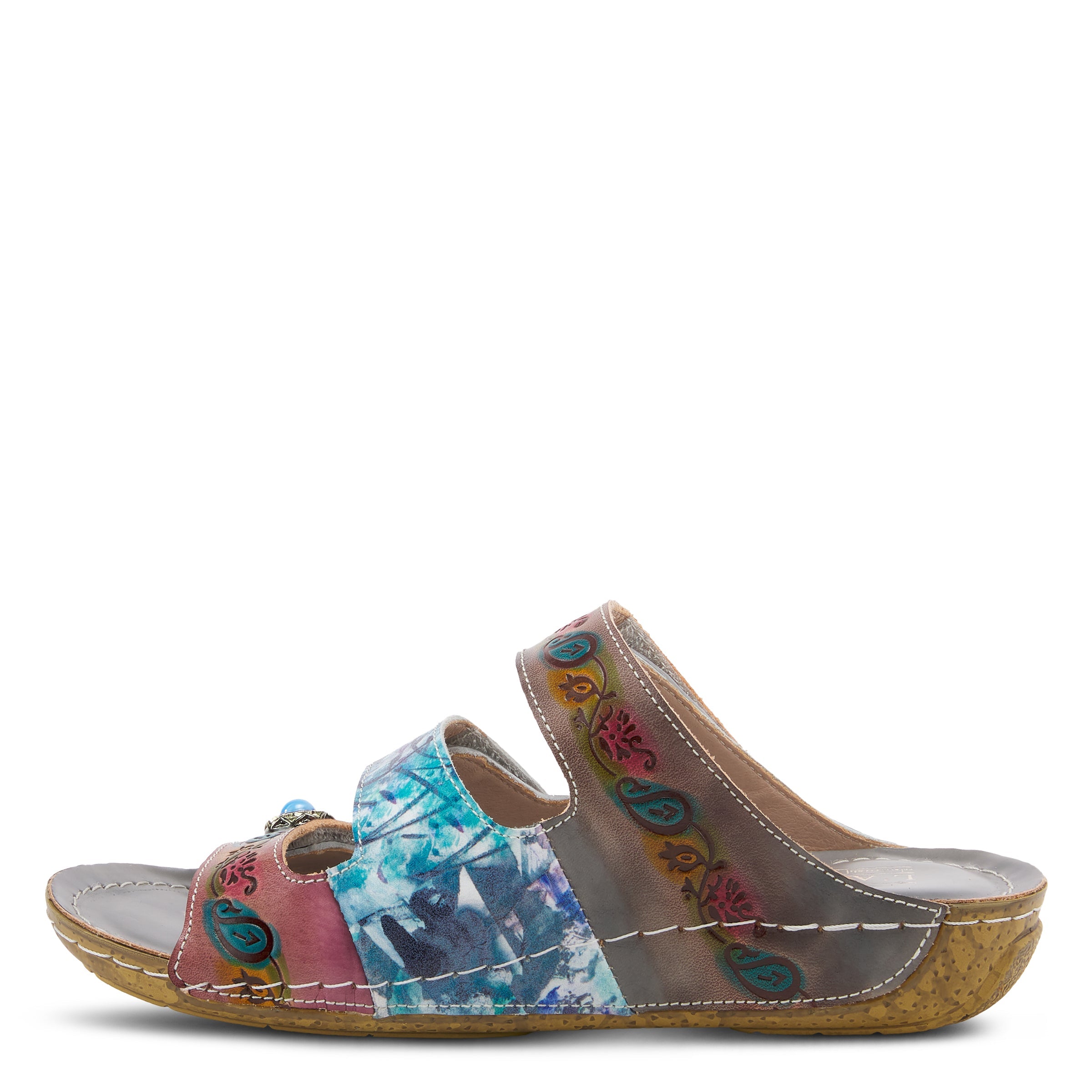 L'Artiste L'ARTISTE CASTLEWALK SLIDE SANDALS sandal in grey multi with handcrafted leather design
