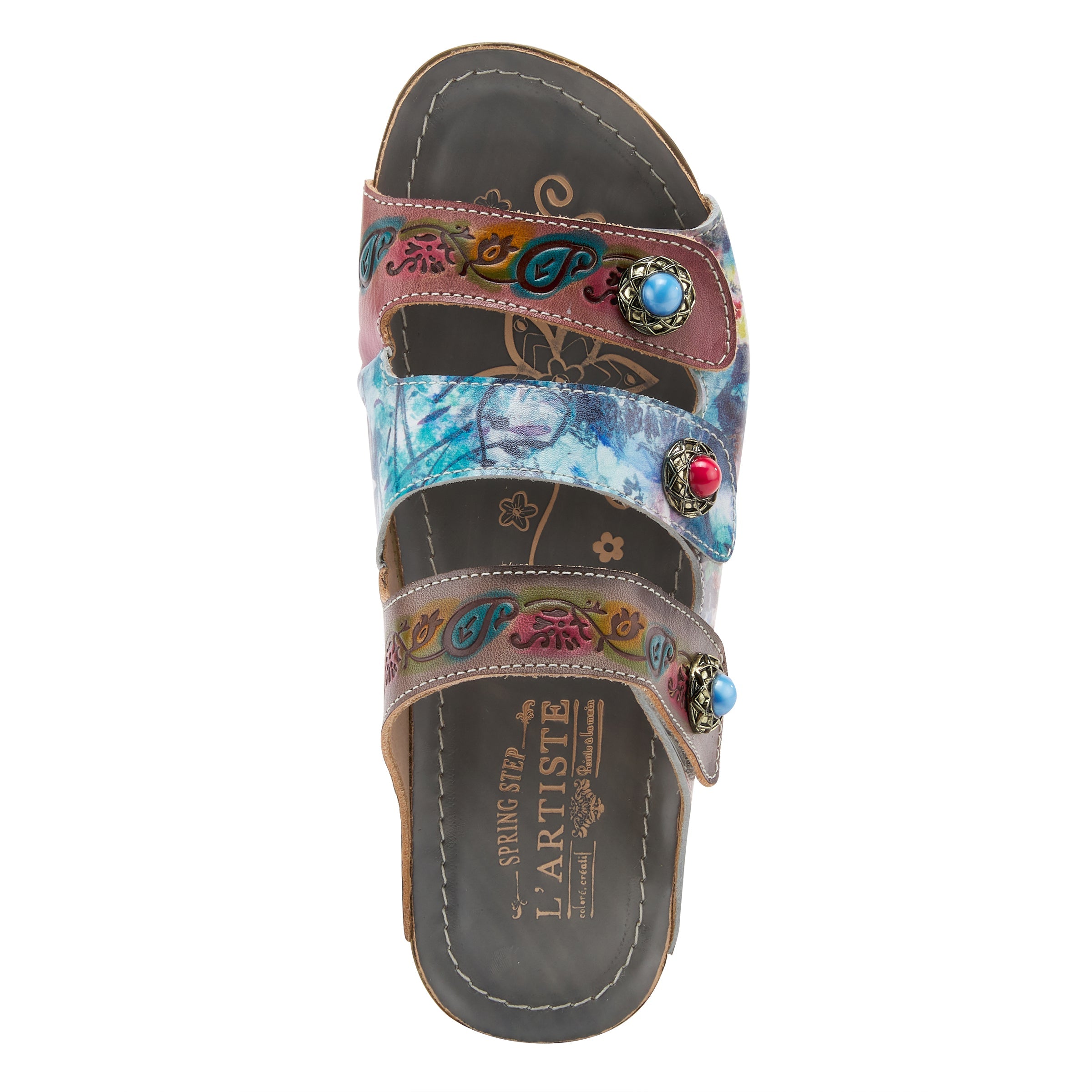 L'Artiste L'ARTISTE CASTLEWALK SLIDE SANDALS sandal in grey multi with handcrafted leather design