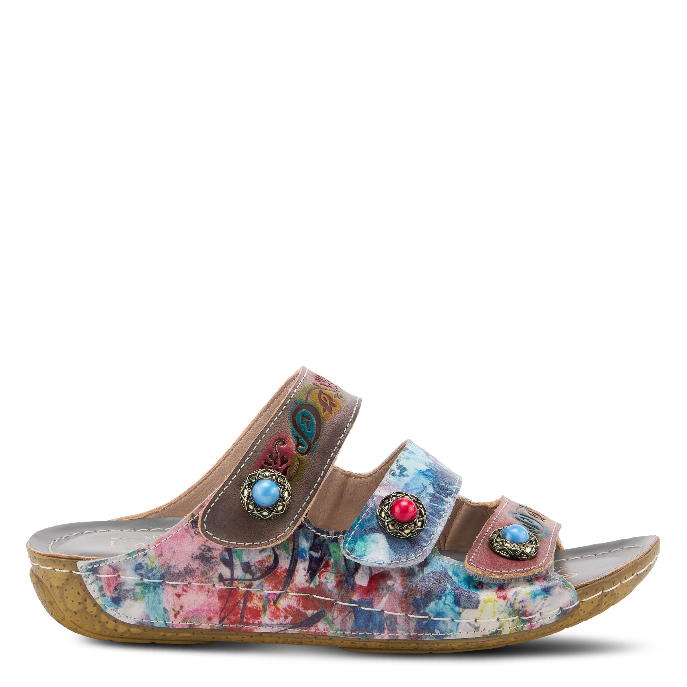 L'Artiste L'ARTISTE CASTLEWALK SLIDE SANDALS sandal in grey multi with handcrafted leather design