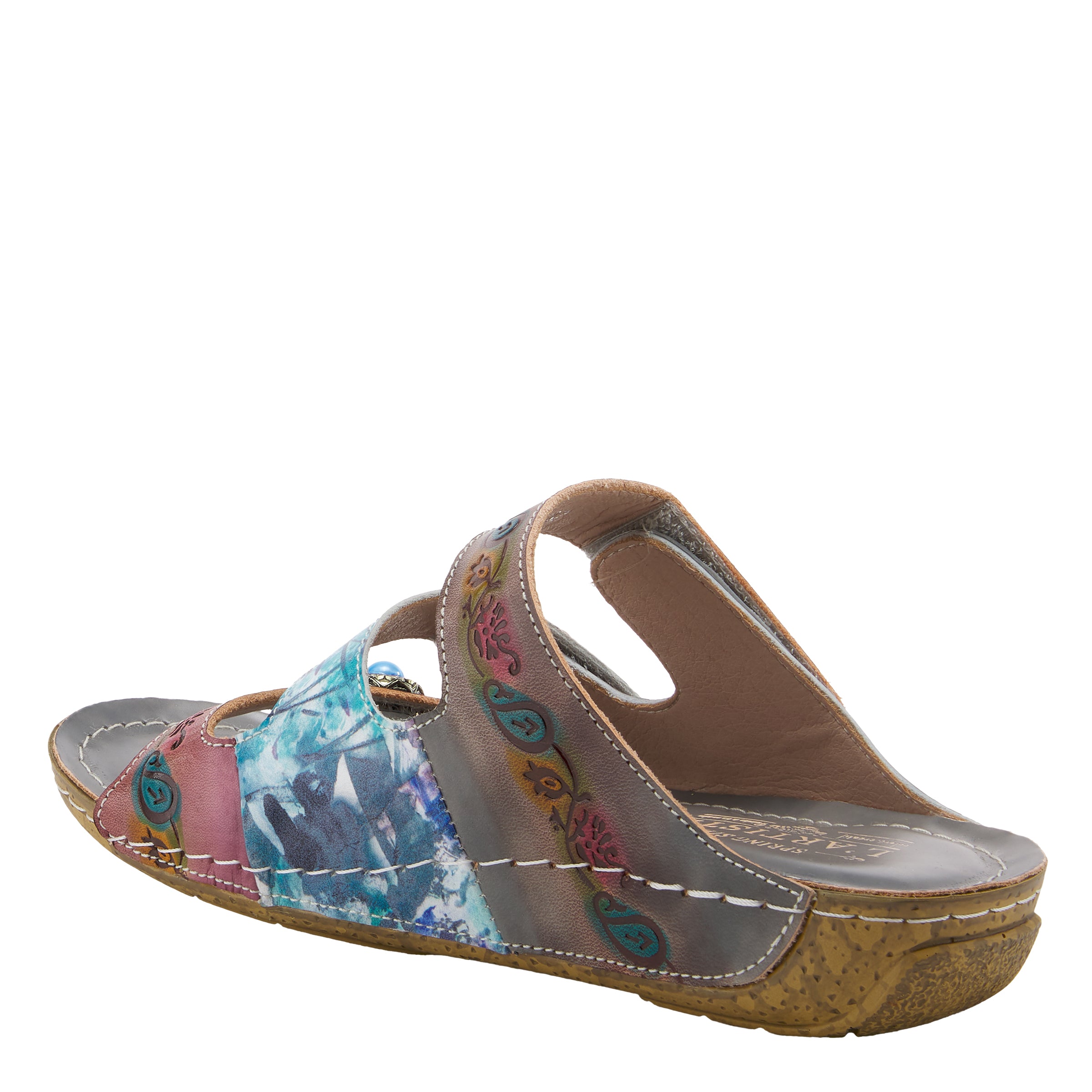 L'Artiste L'ARTISTE CASTLEWALK SLIDE SANDALS sandal in grey multi with handcrafted leather design