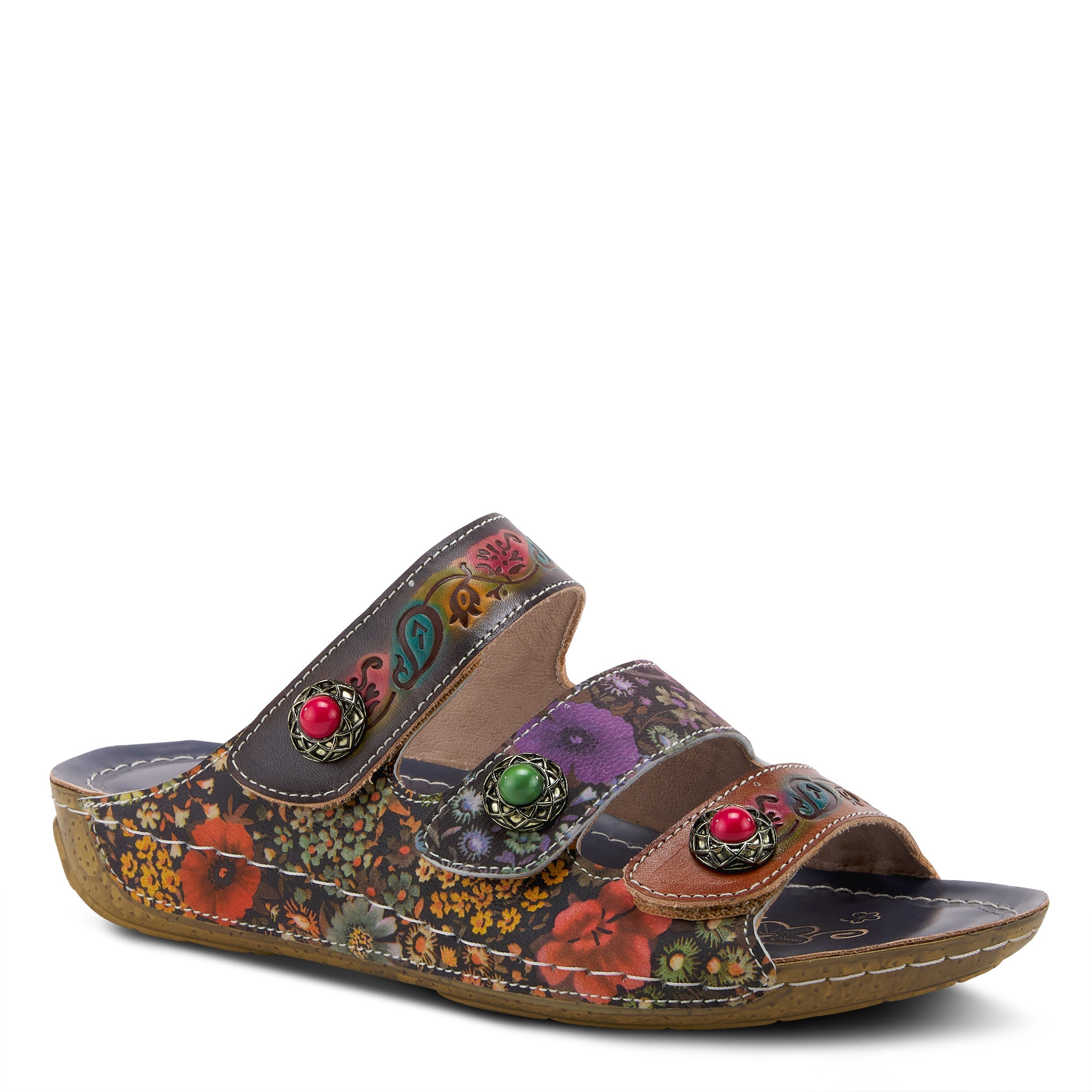 L'Artiste L'ARTISTE CASTLEWALK SLIDE SANDALS sandal in grey multi with handcrafted leather design