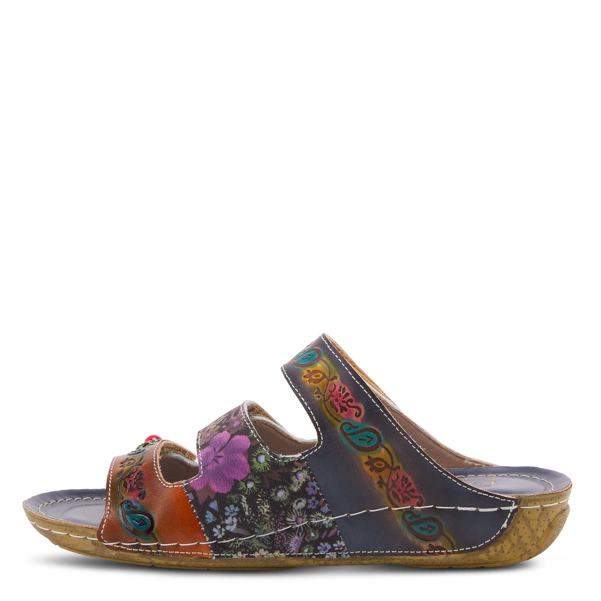 L'Artiste L'ARTISTE CASTLEWALK SLIDE SANDALS sandal in grey multi with handcrafted leather design