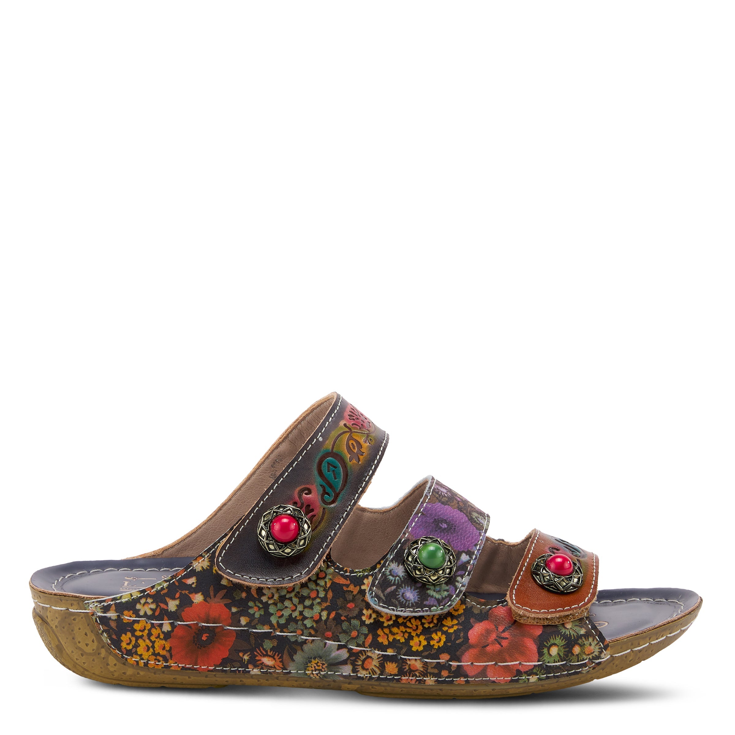 L'Artiste L'ARTISTE CASTLEWALK SLIDE SANDALS sandal in navy multi with handcrafted leather design