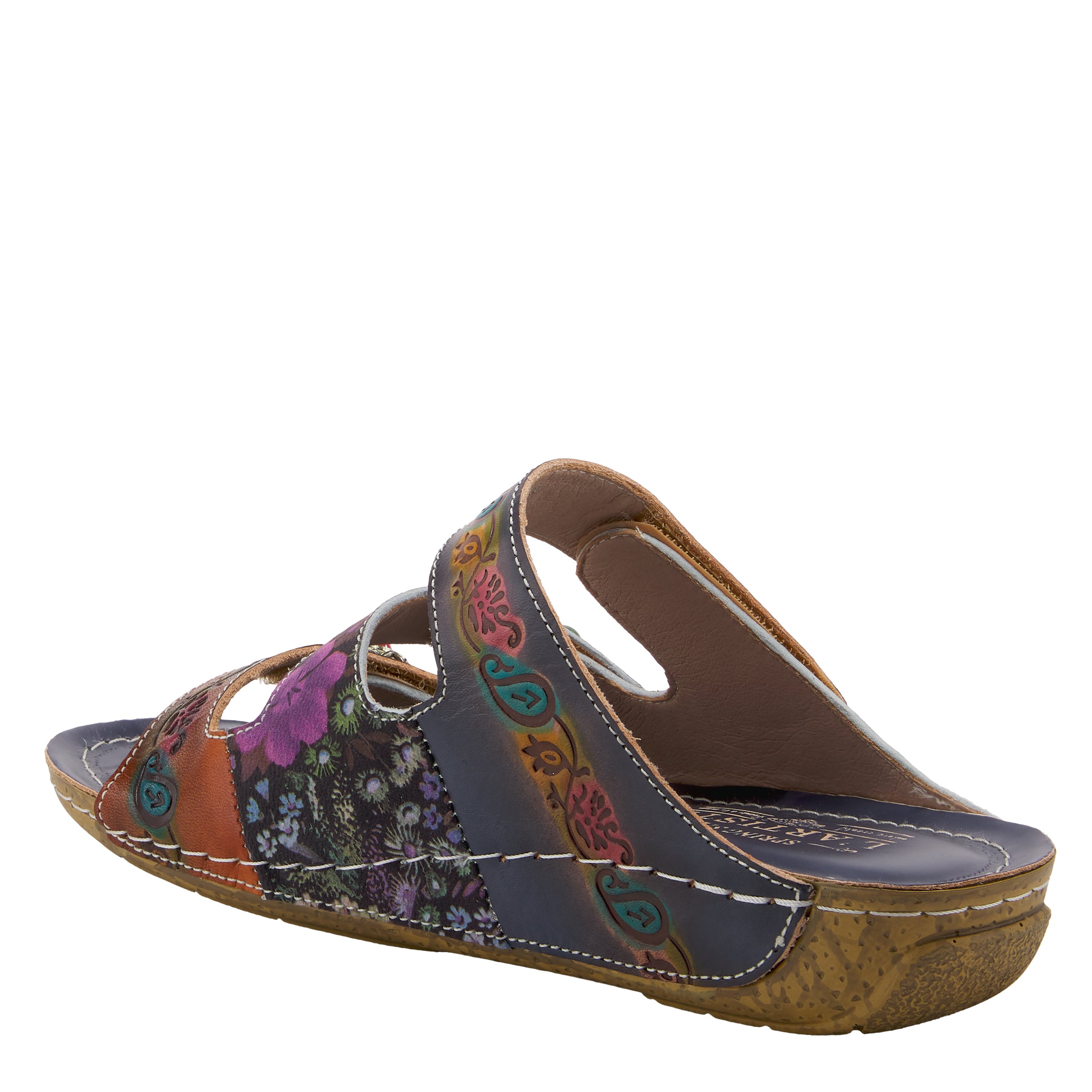 L'Artiste L'ARTISTE CASTLEWALK SLIDE SANDALS sandal in navy multi with handcrafted leather design