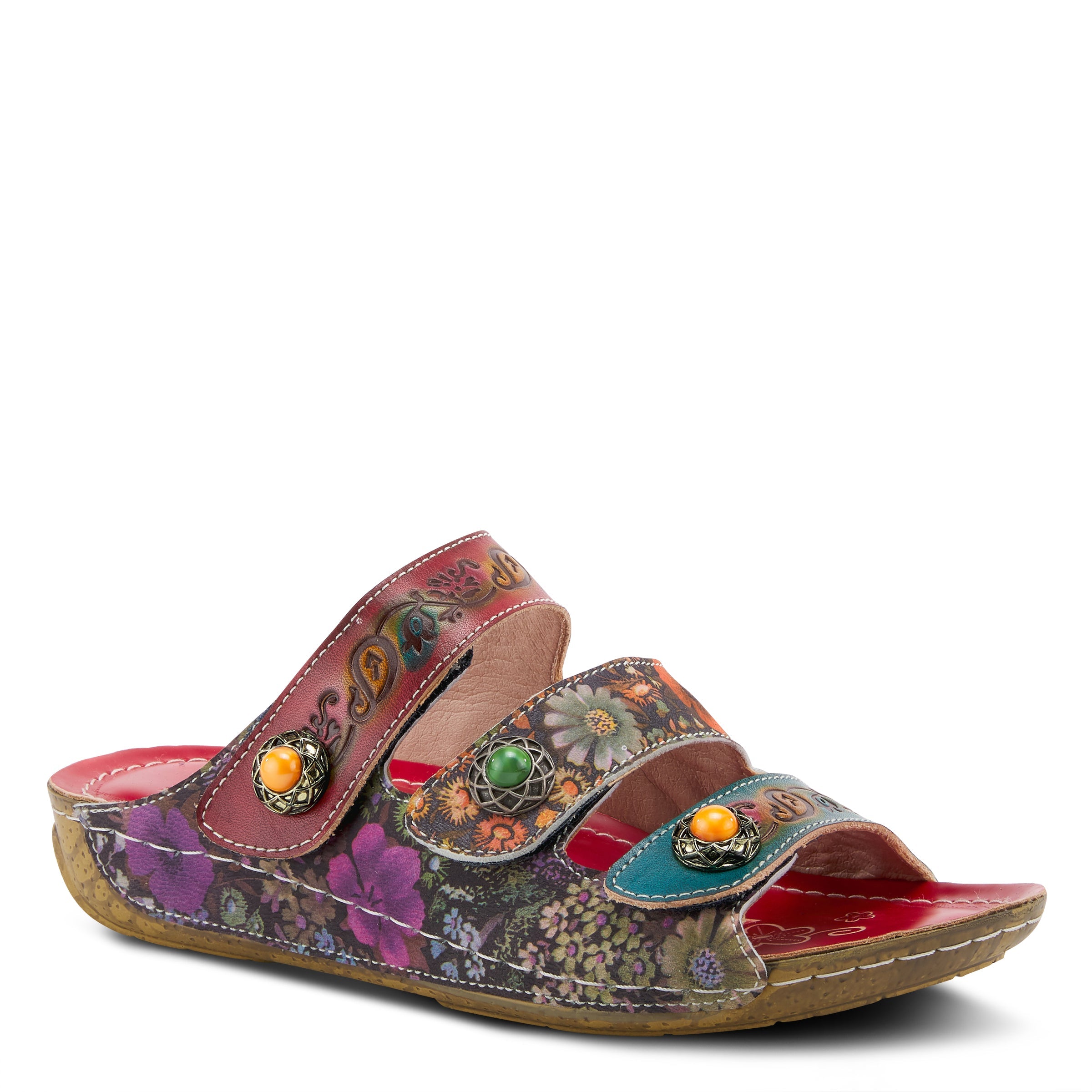 L'Artiste L'ARTISTE CASTLEWALK SLIDE SANDALS sandal in red multi with handcrafted leather design