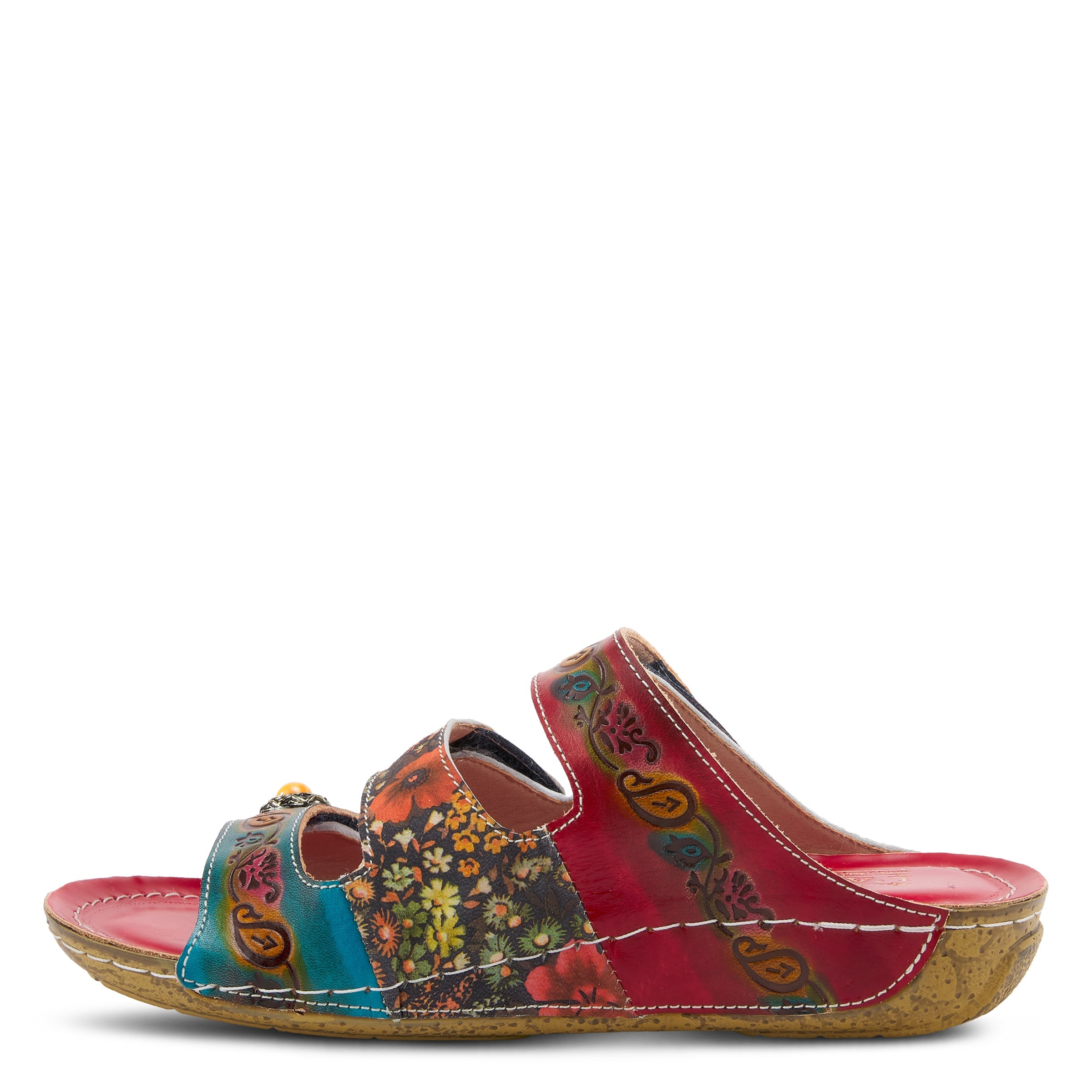 L'Artiste L'ARTISTE CASTLEWALK SLIDE SANDALS sandal in red multi with handcrafted leather design