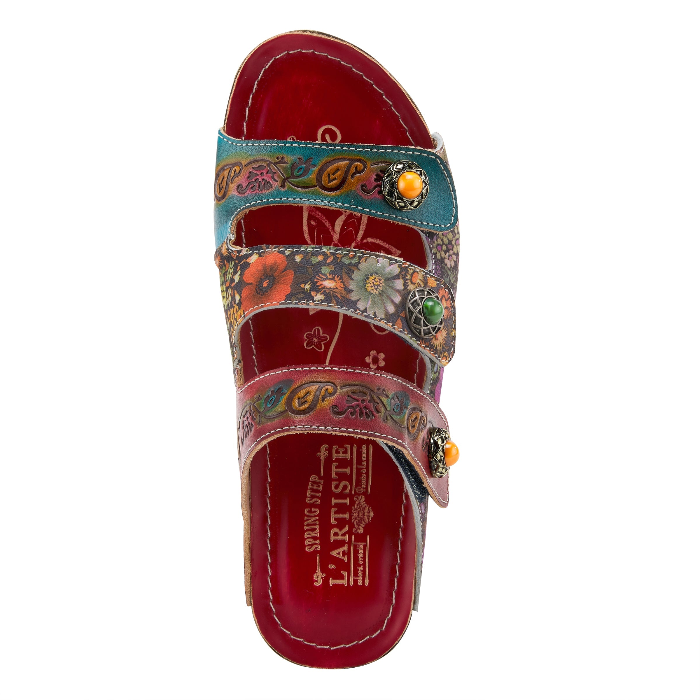 L'Artiste L'ARTISTE CASTLEWALK SLIDE SANDALS sandal in red multi with handcrafted leather design