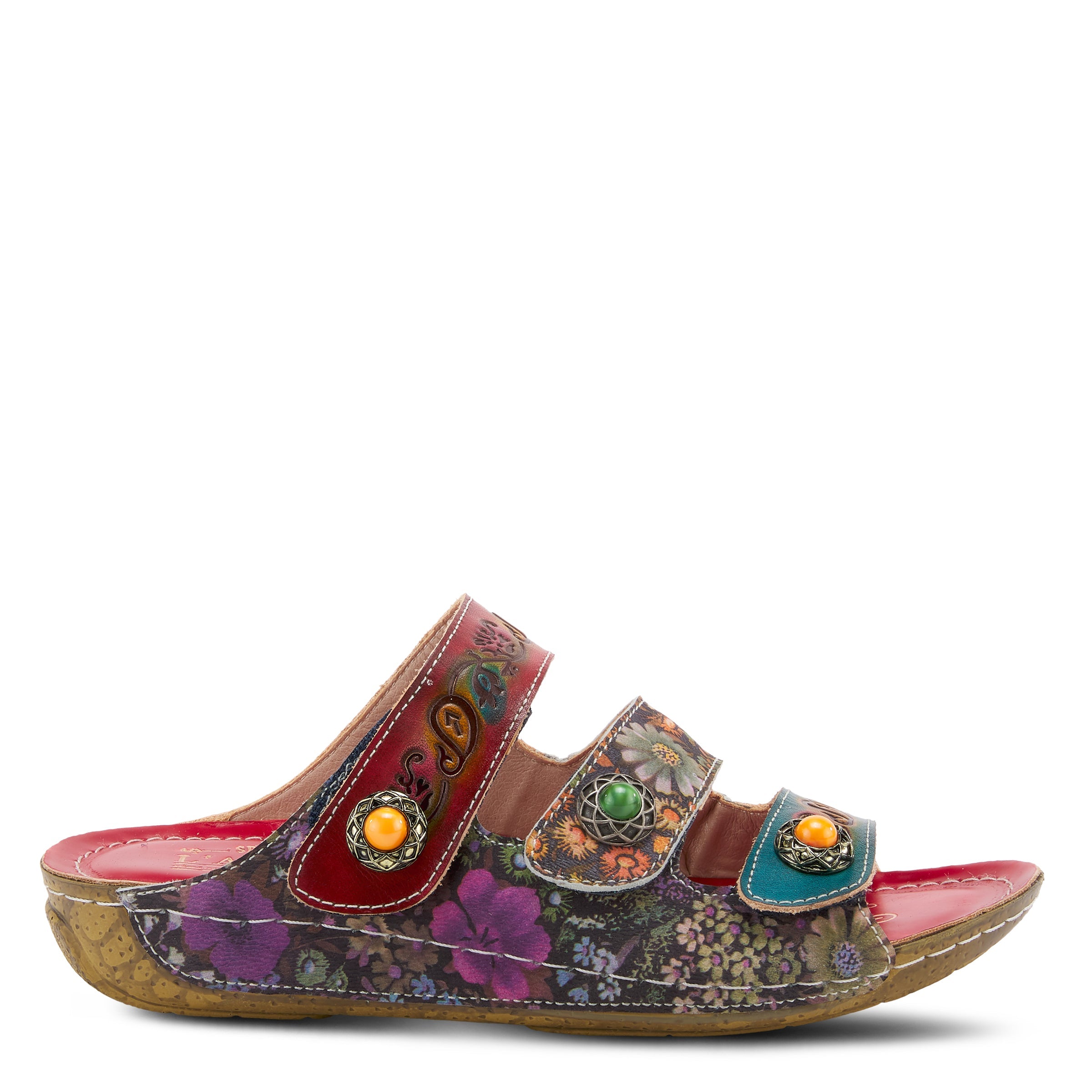 L'Artiste L'ARTISTE CASTLEWALK SLIDE SANDALS sandal in red multi with handcrafted leather design