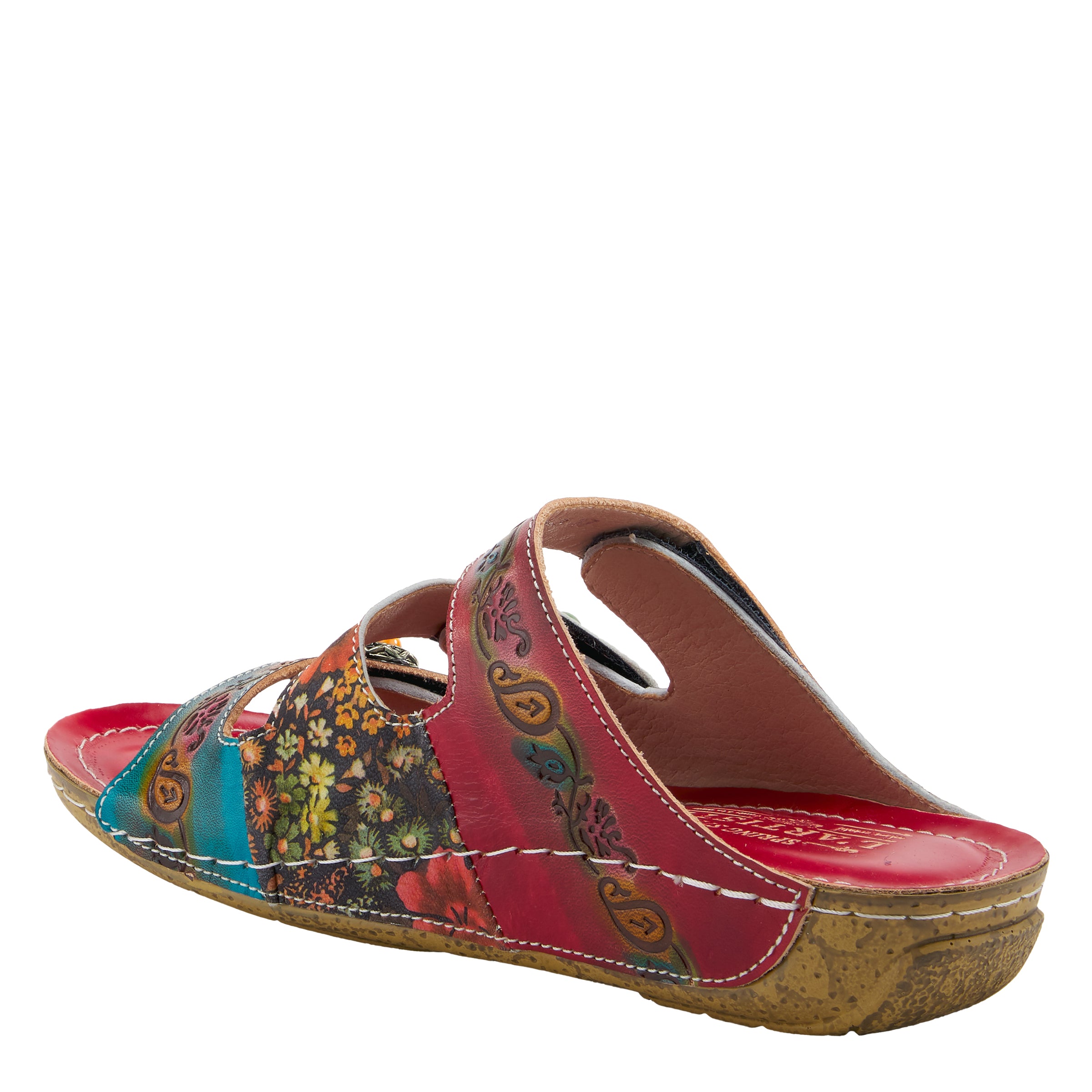 L'Artiste L'ARTISTE CASTLEWALK SLIDE SANDALS sandal in red multi with handcrafted leather design