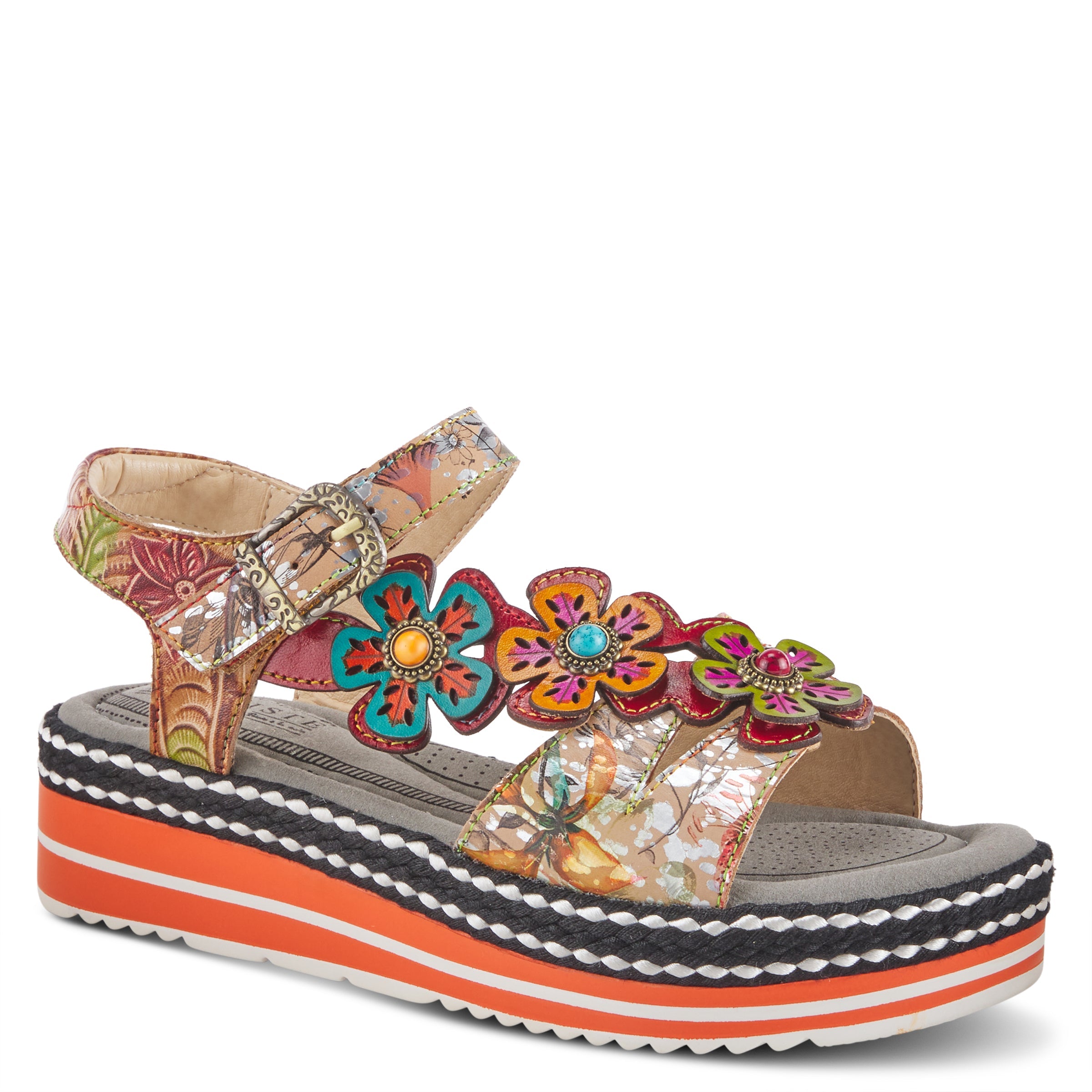 L'Artiste L'ARTISTE RHODYS ANKLE STRAP SANDALS sandal in beige multi with handcrafted leather design
