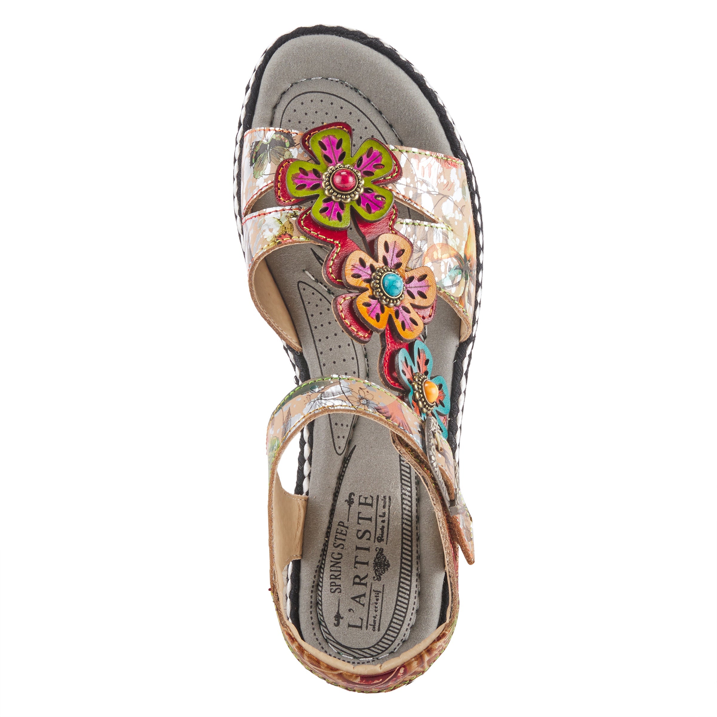 L'Artiste L'ARTISTE RHODYS ANKLE STRAP SANDALS sandal in beige multi with handcrafted leather design