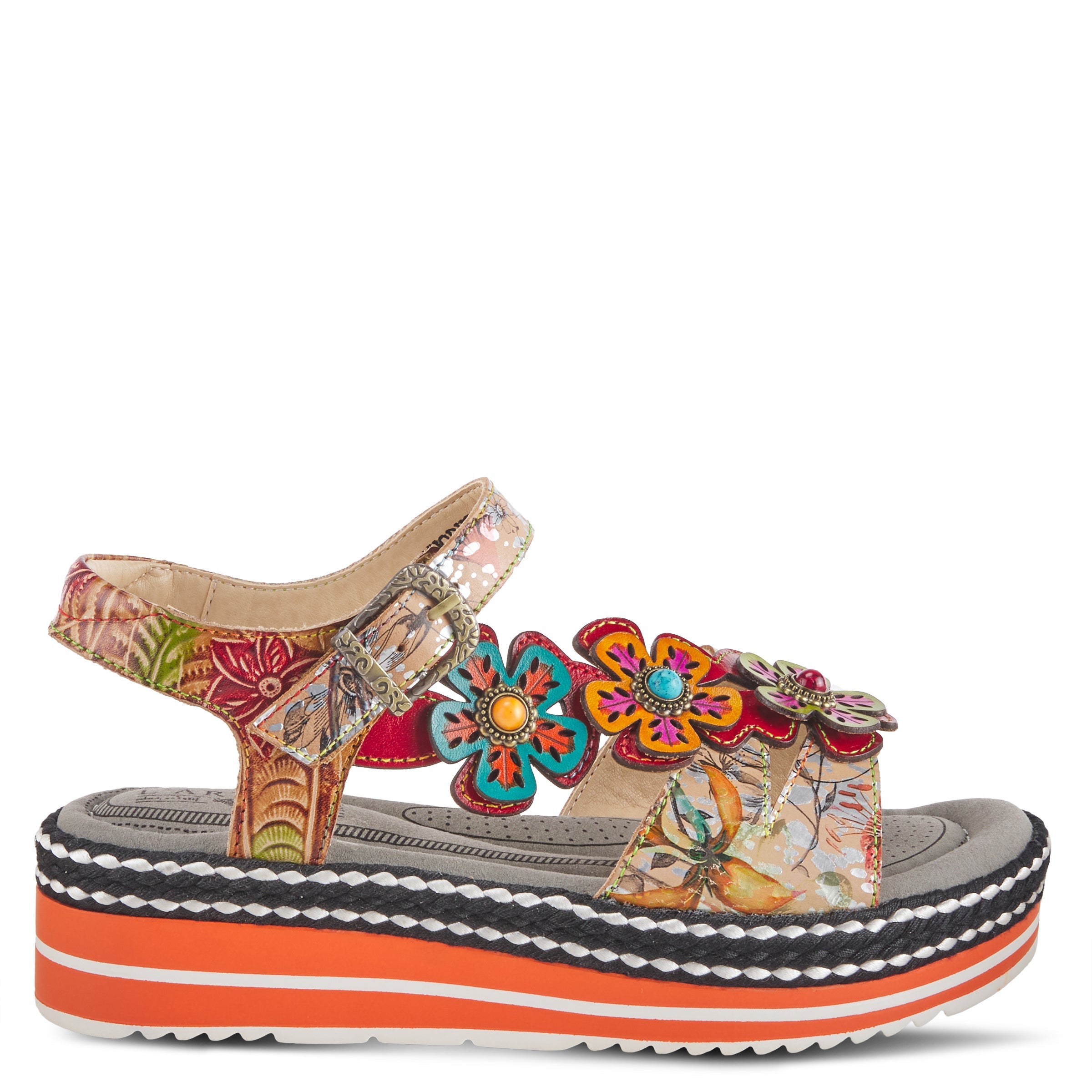 L'Artiste L'ARTISTE RHODYS ANKLE STRAP SANDALS sandal in beige multi with handcrafted leather design